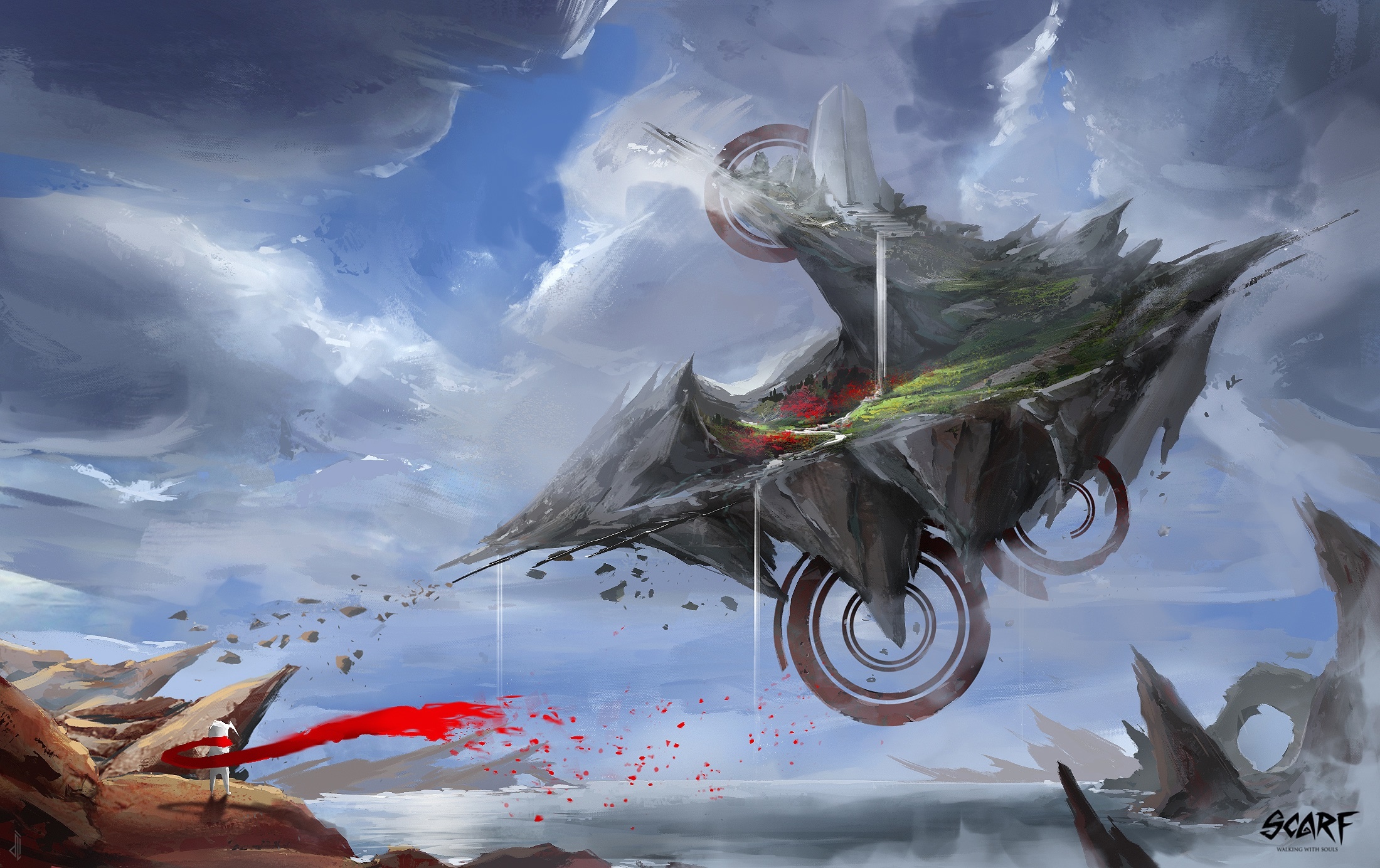 Floating island with red scarf and debris HD Wallpaper