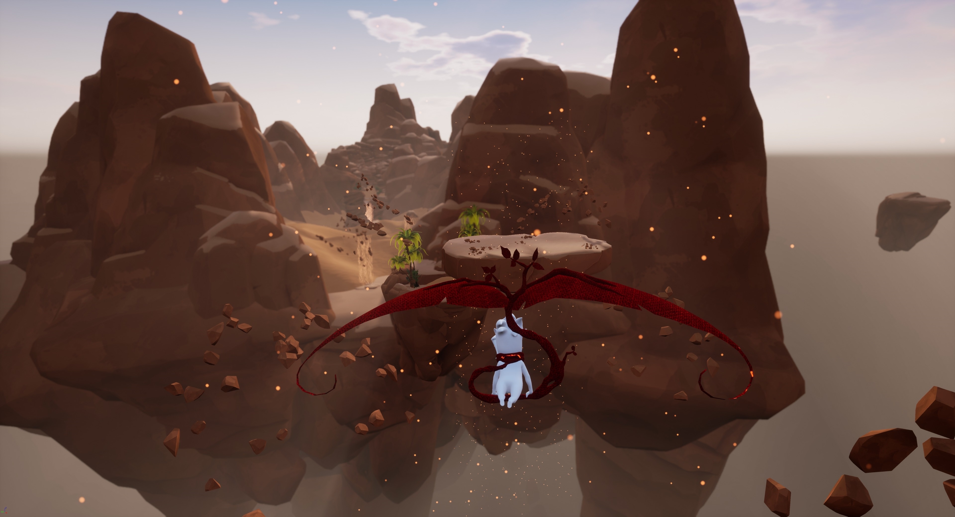 White creature with red wings flying in a rocky landscape HD Wallpaper