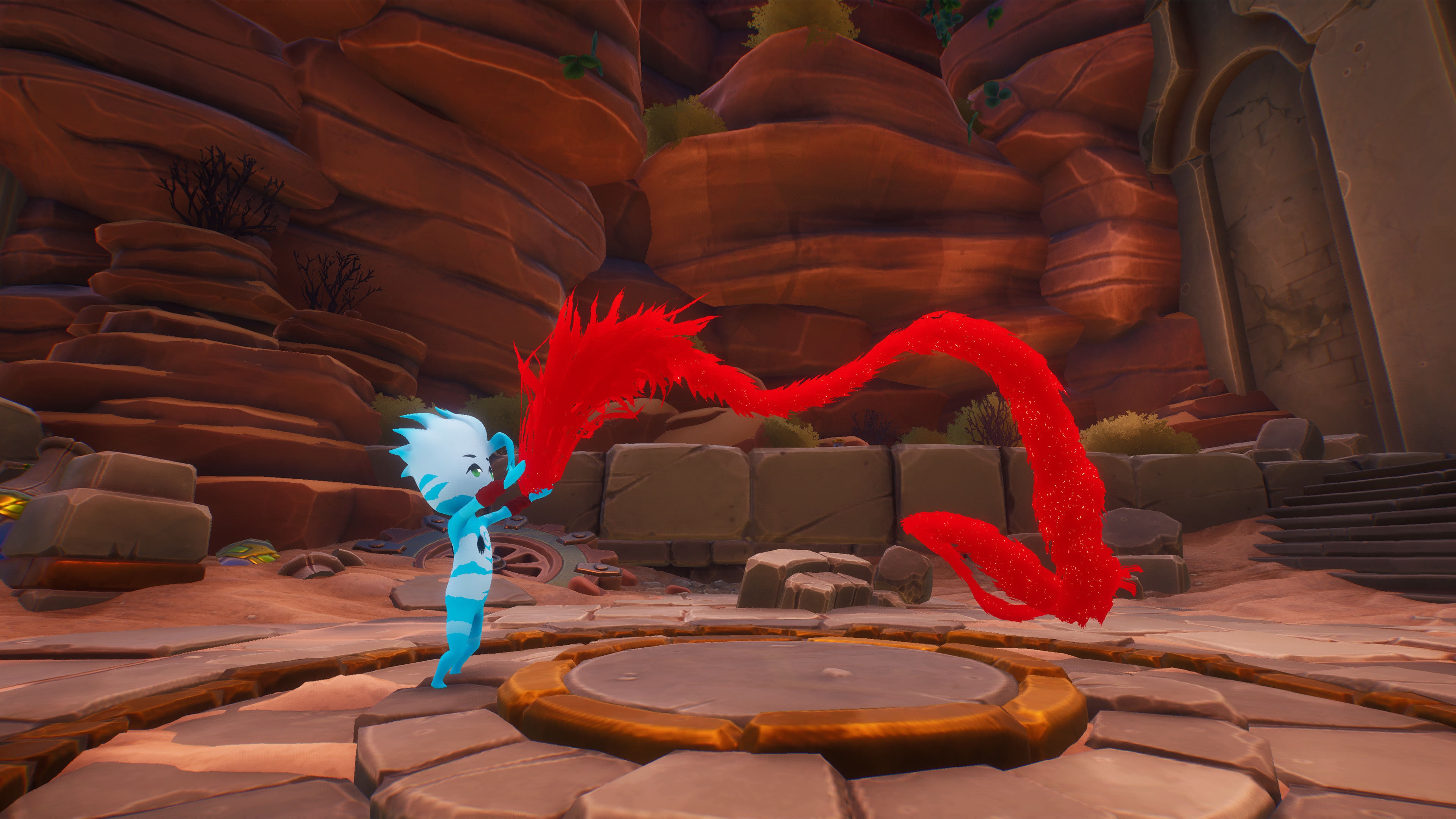 Blue creature with red scarf in desert ruins 4K HD Wallpaper