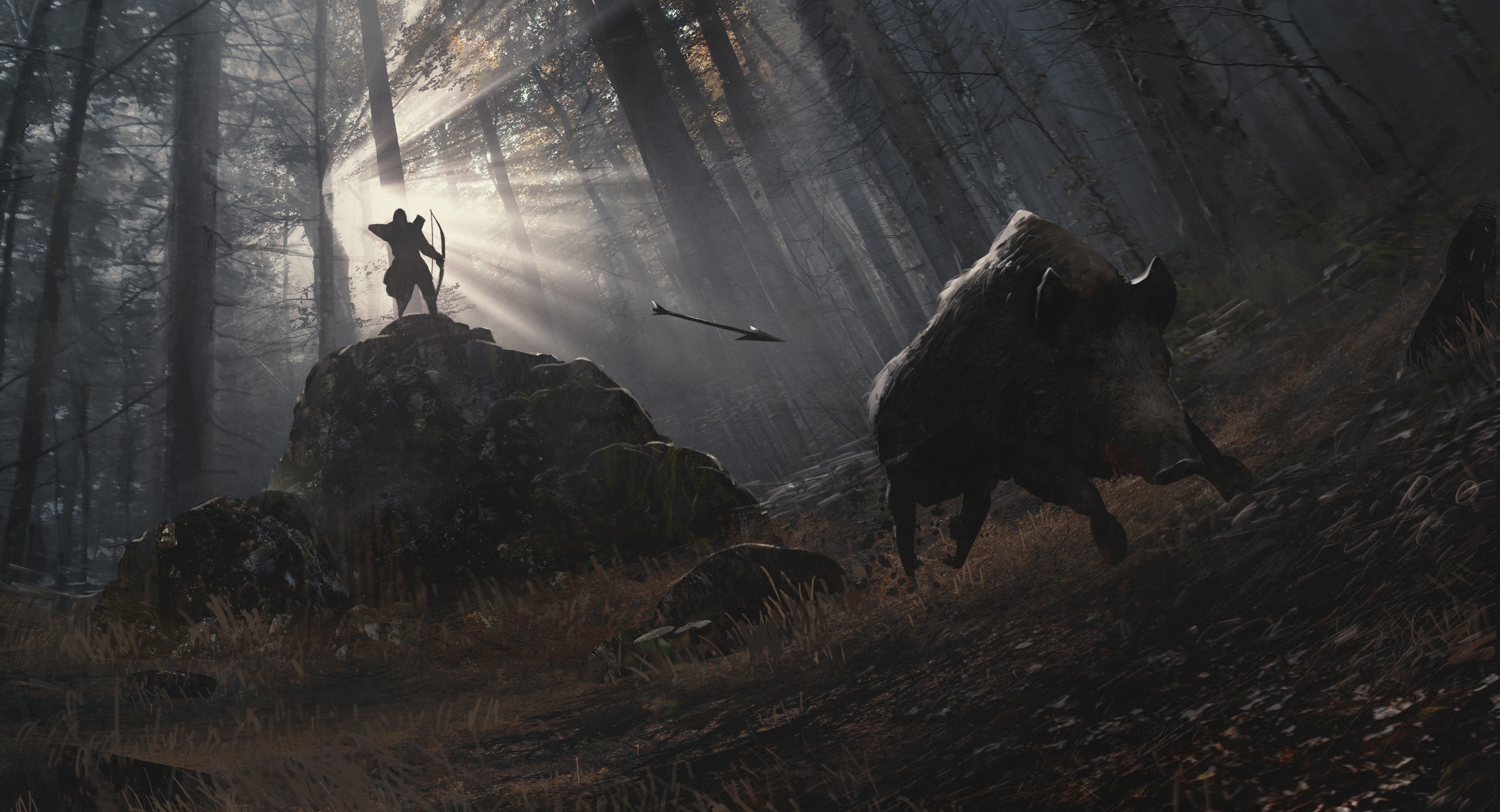 Archer hunting a wild boar in a forest HD Wallpaper