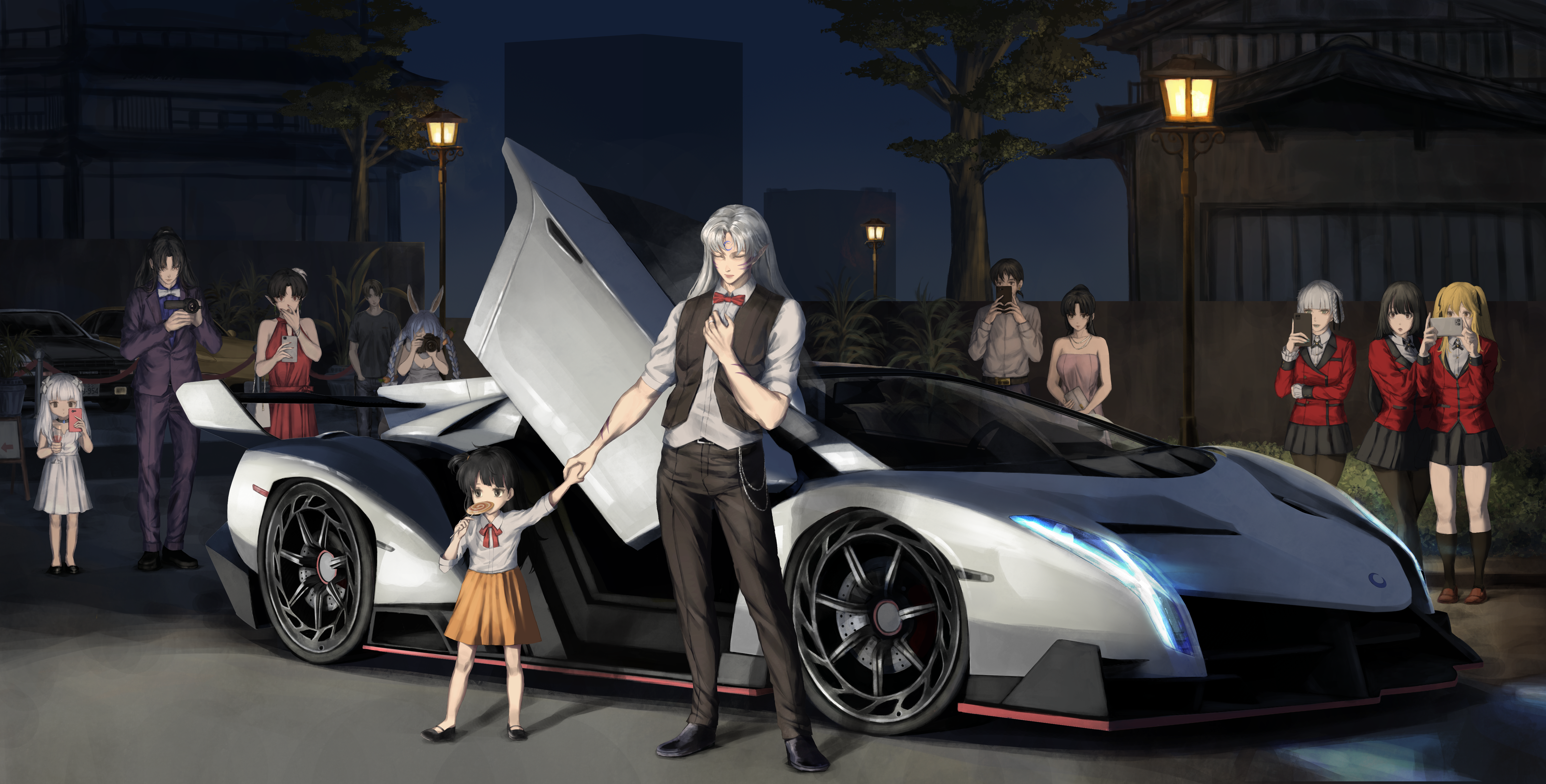 Sesshomaru and Yumeko Jabami with a Lamborghini HD Wallpaper