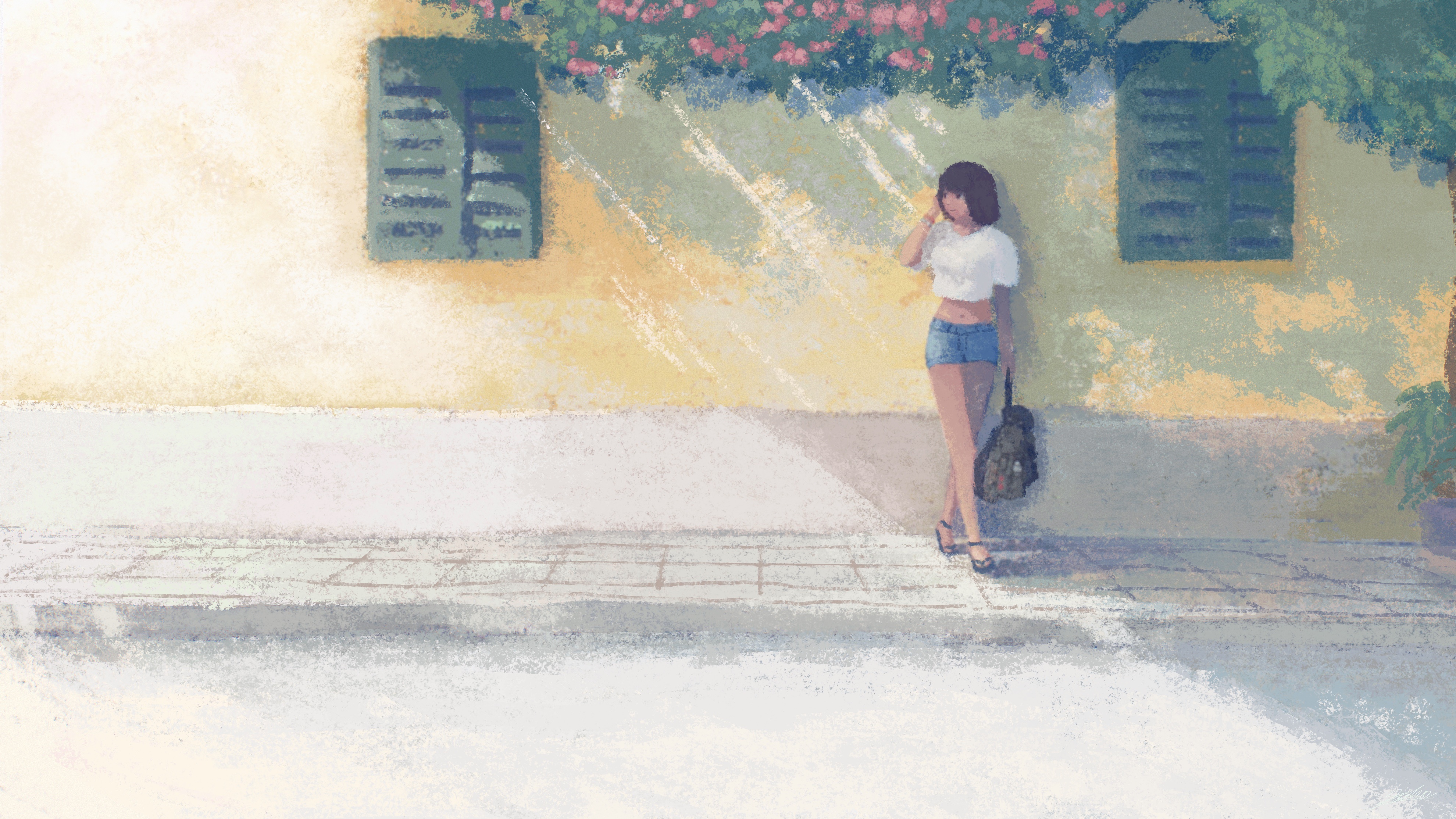 Girl leaning against a wall with flowers HD Wallpaper