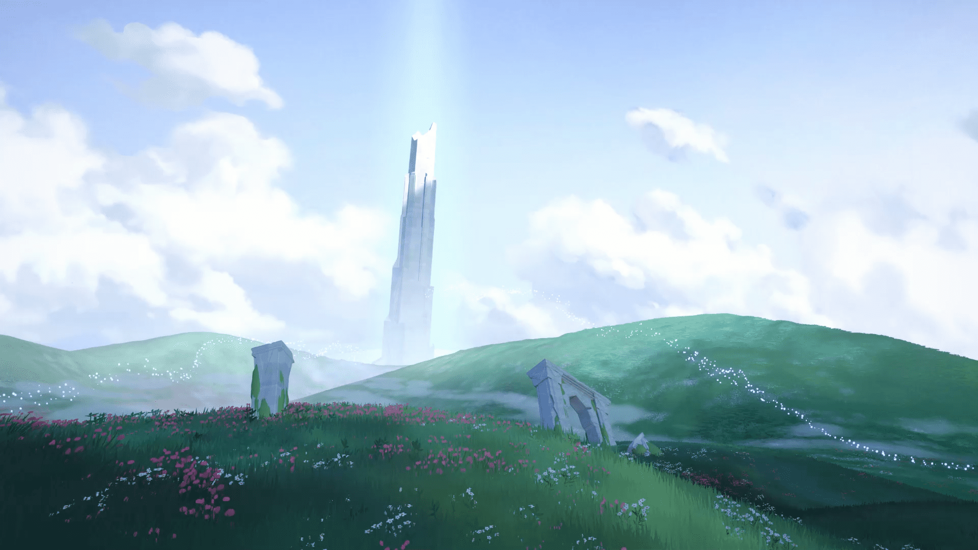 Bitcraft HD landscape with tower and ruins HD Wallpaper