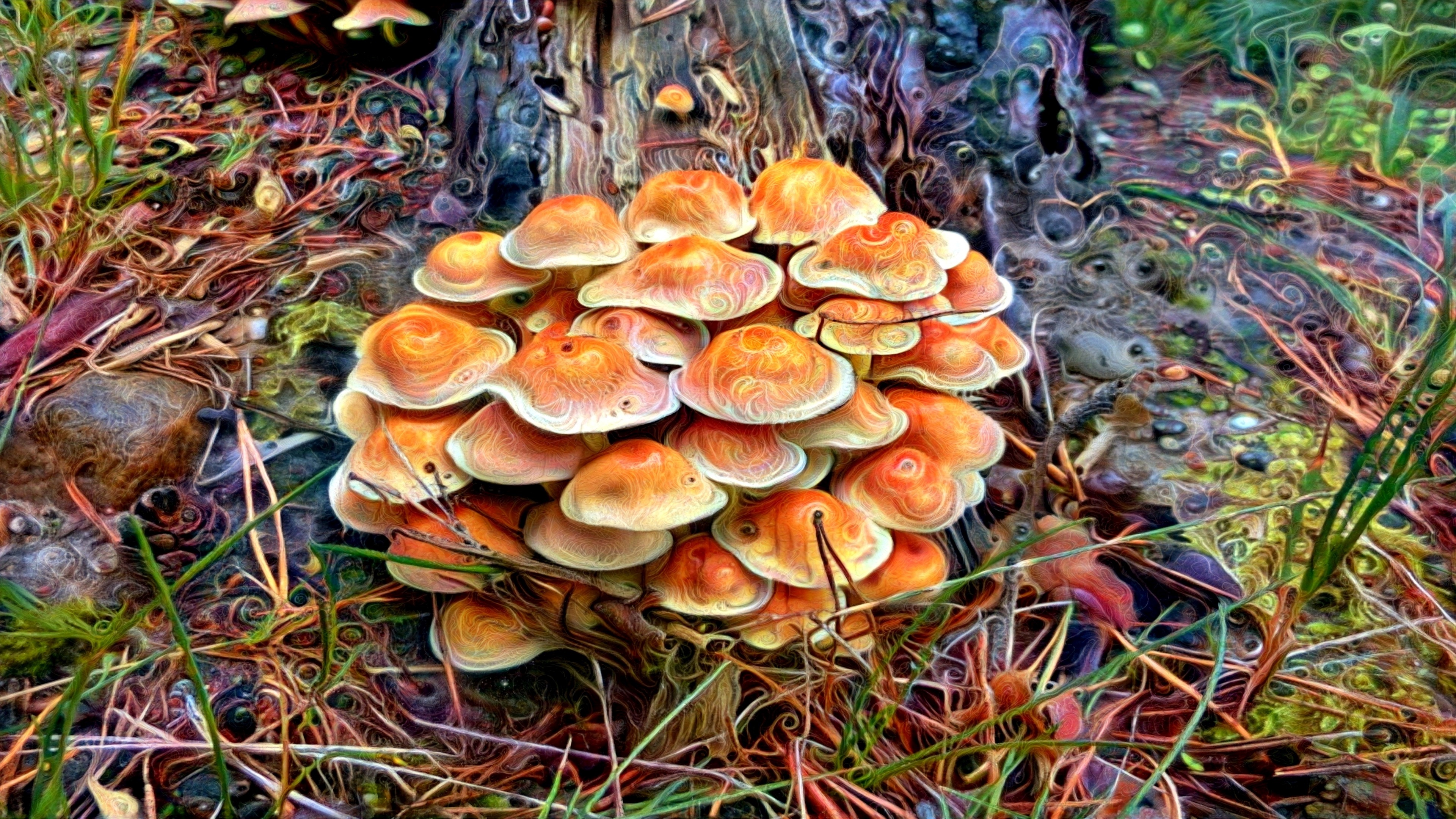 Cluster of orange mushrooms on a forest floor HD Wallpaper
