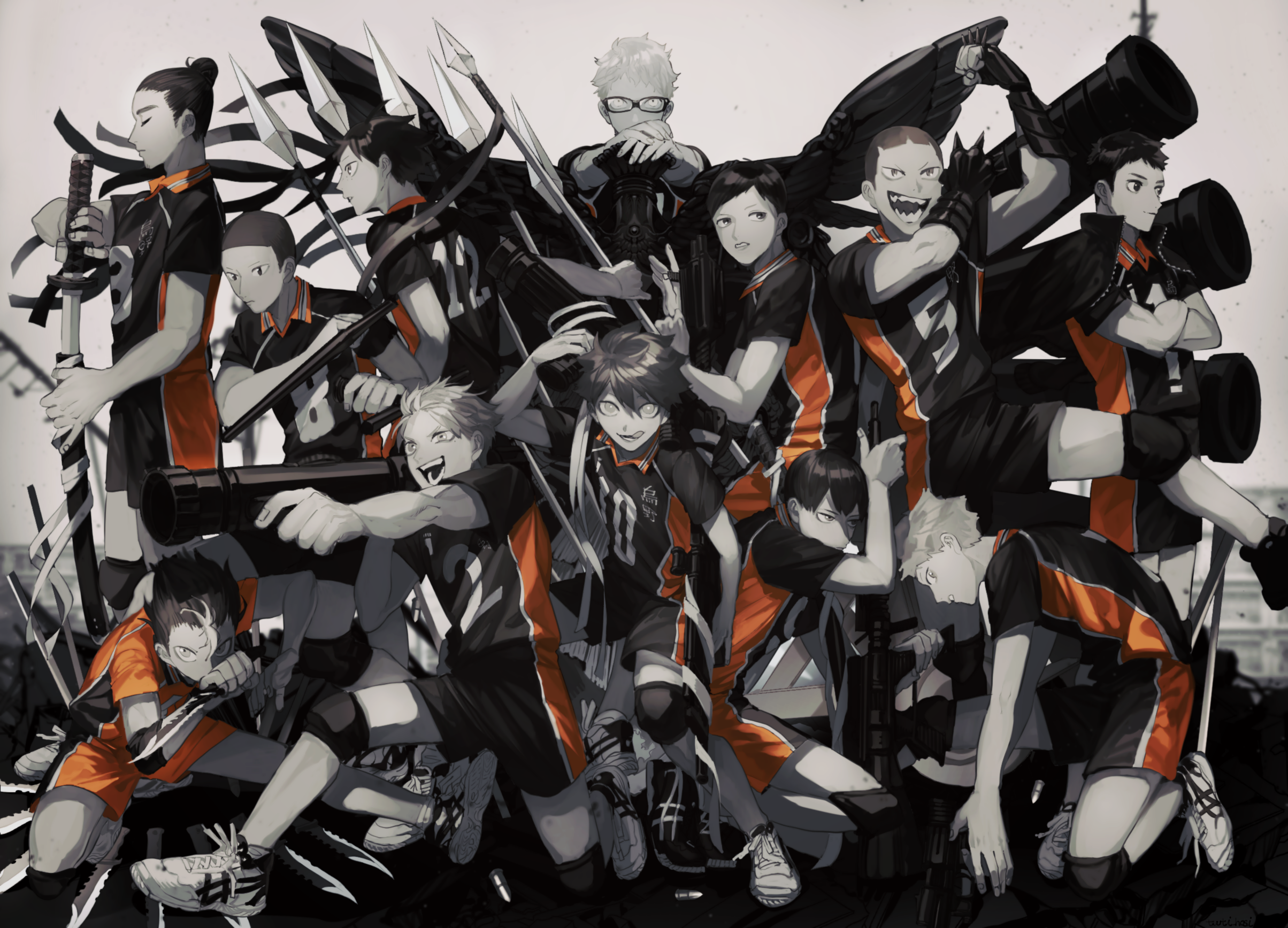 Haikyu!! Karasuno High characters with weapons HD Wallpaper