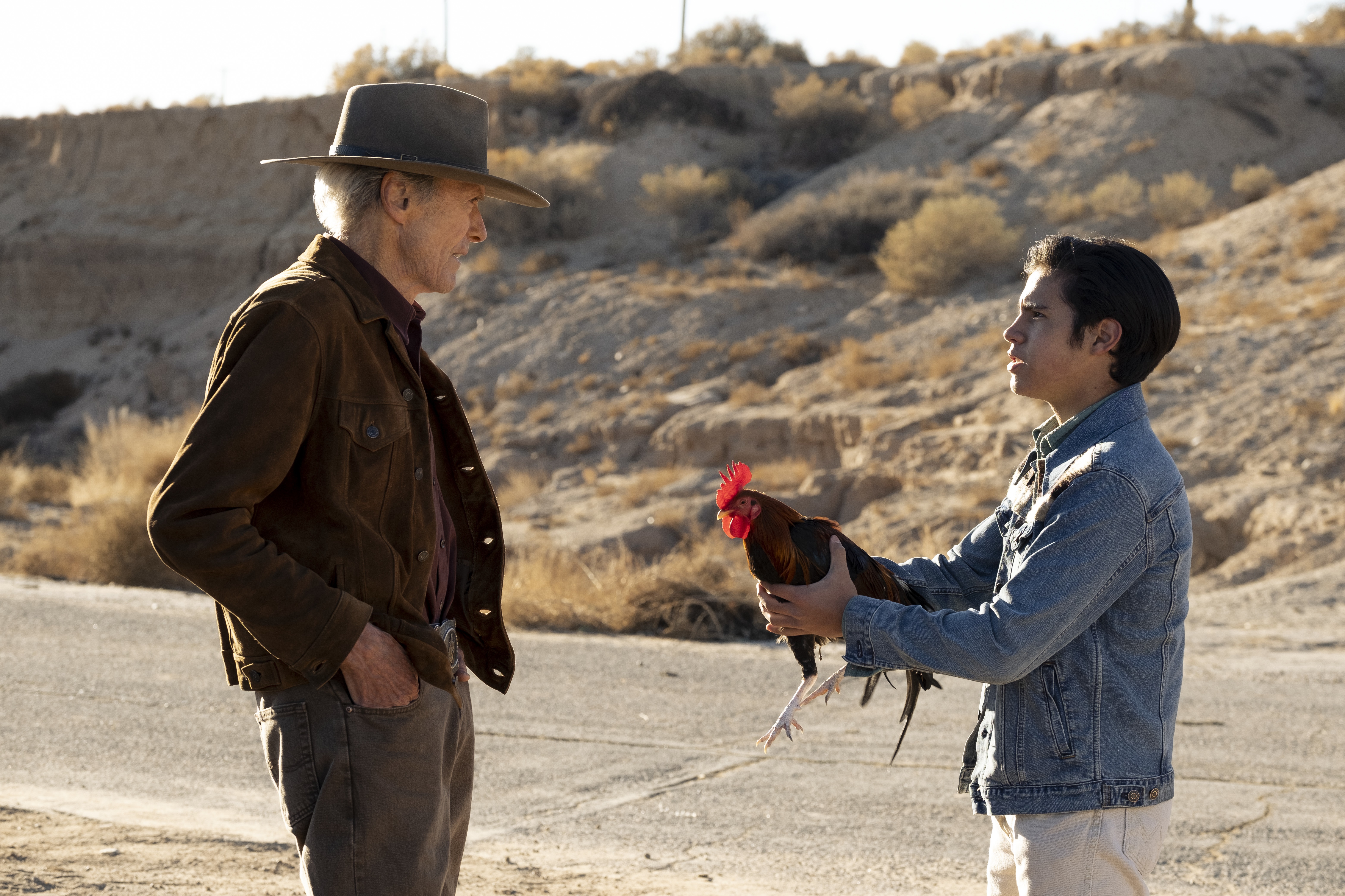 Clint Eastwood and Eduardo Minett with Rooster in Cry Macho 4K HD Wallpaper