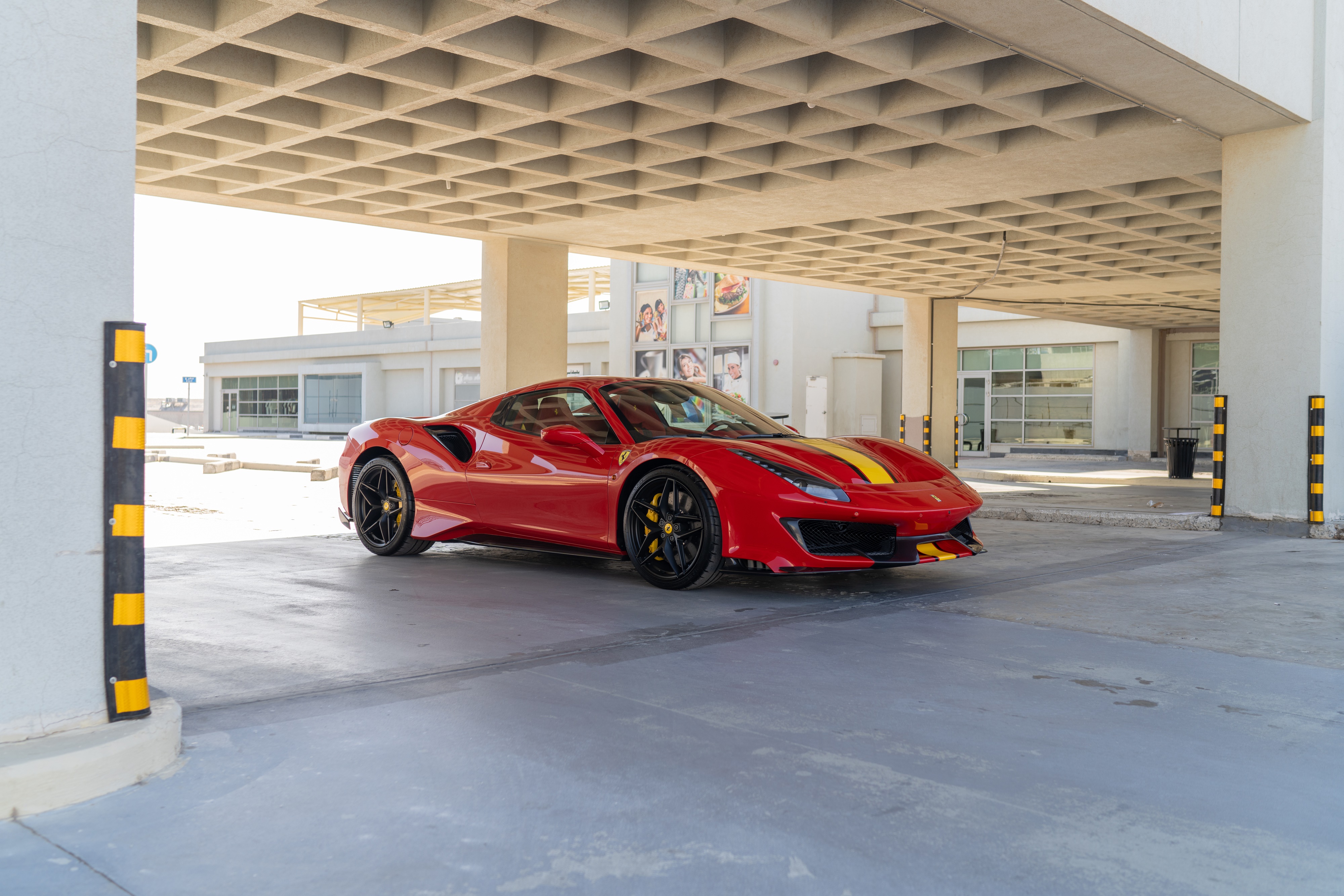 Red Ferrari 488 Pista Spider with Yellow Stripes HD Wallpaper