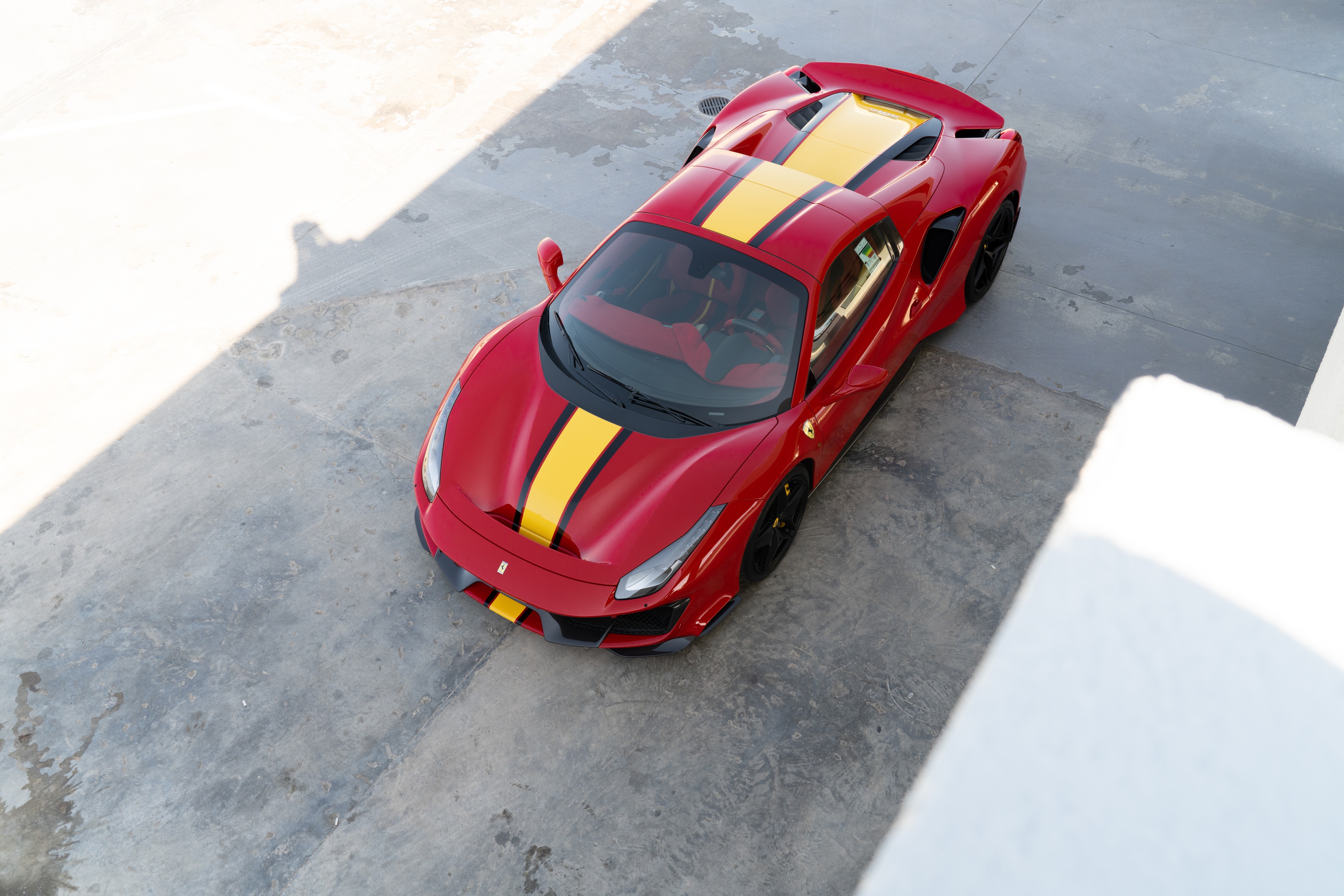 Red Ferrari 488 Pista Spider with Yellow Stripes HD Wallpaper