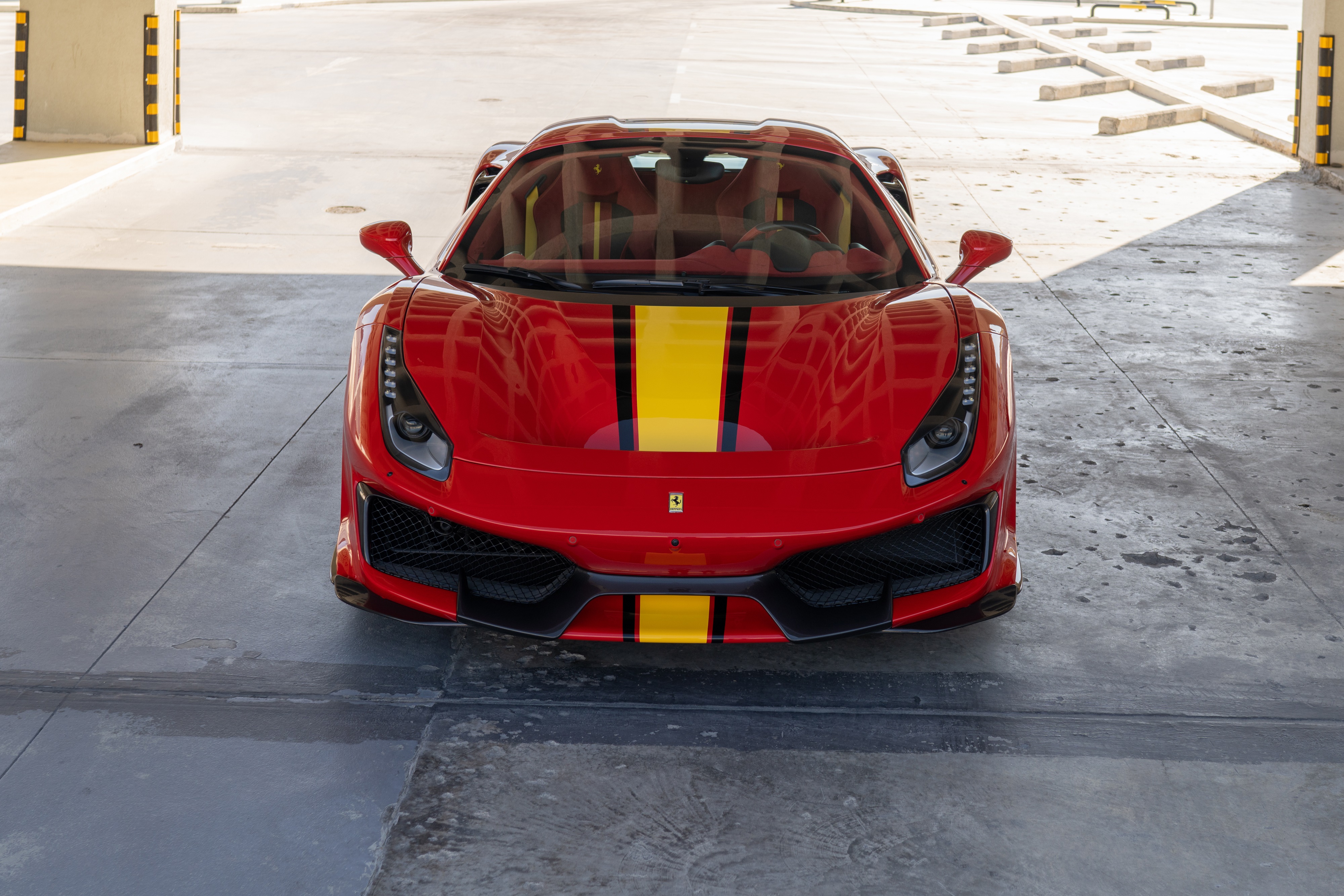 Red Ferrari 488 Pista Spider with Yellow Stripes HD Wallpaper