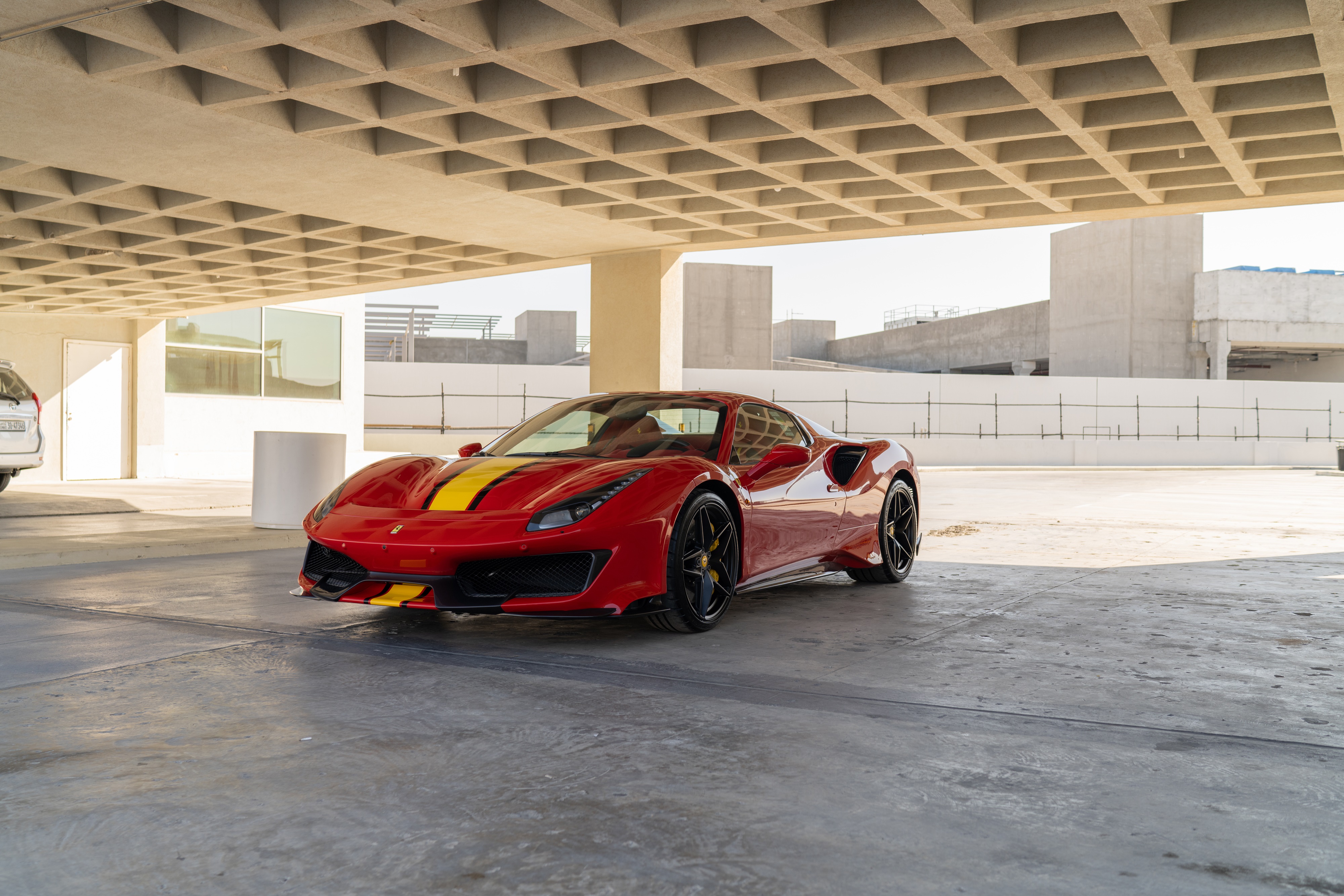 Red Ferrari 488 Pista Spider with Yellow Stripes HD Wallpaper