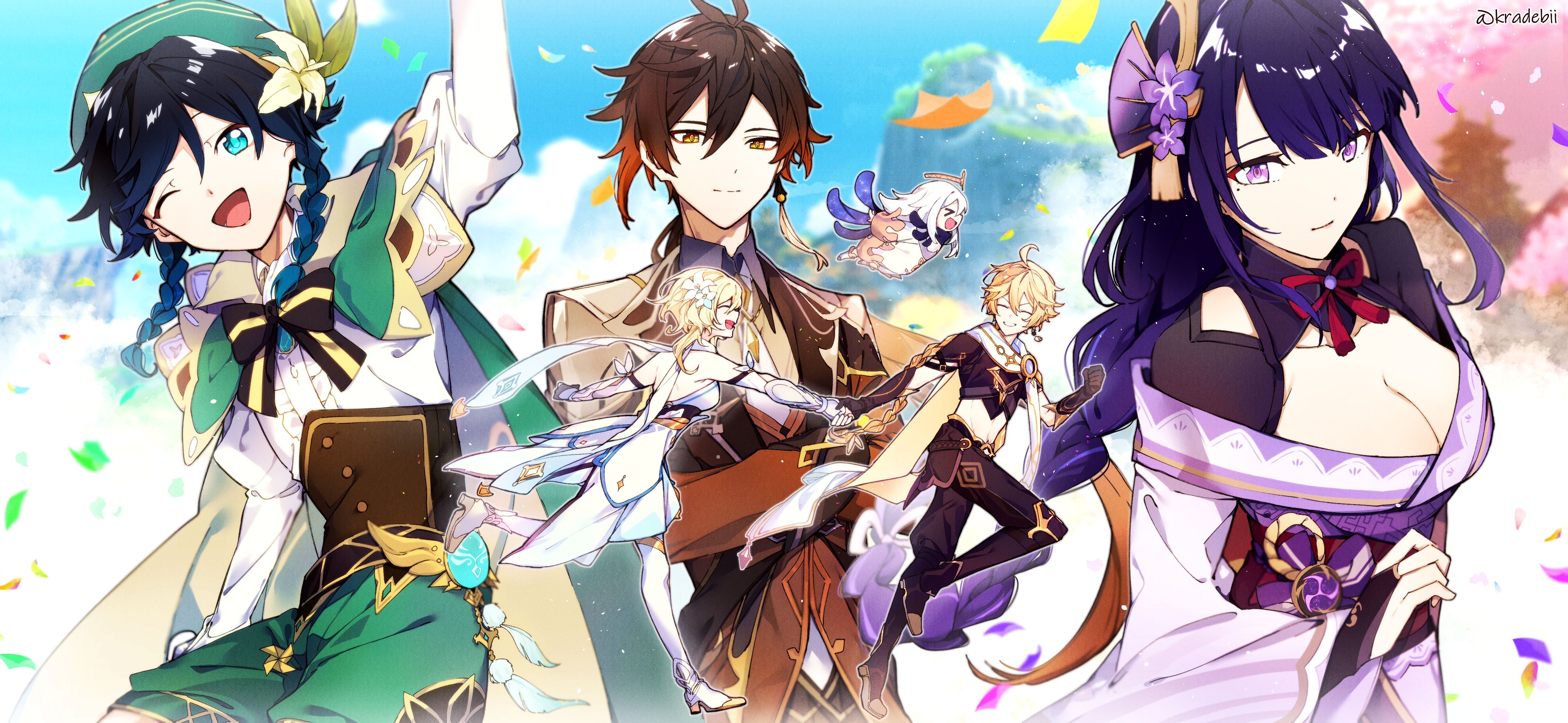 Genshin Impact 4K: Venti, Baal Raiden Shogun, Aether, Zhongli, Paimon, Lumine HD Wallpaper