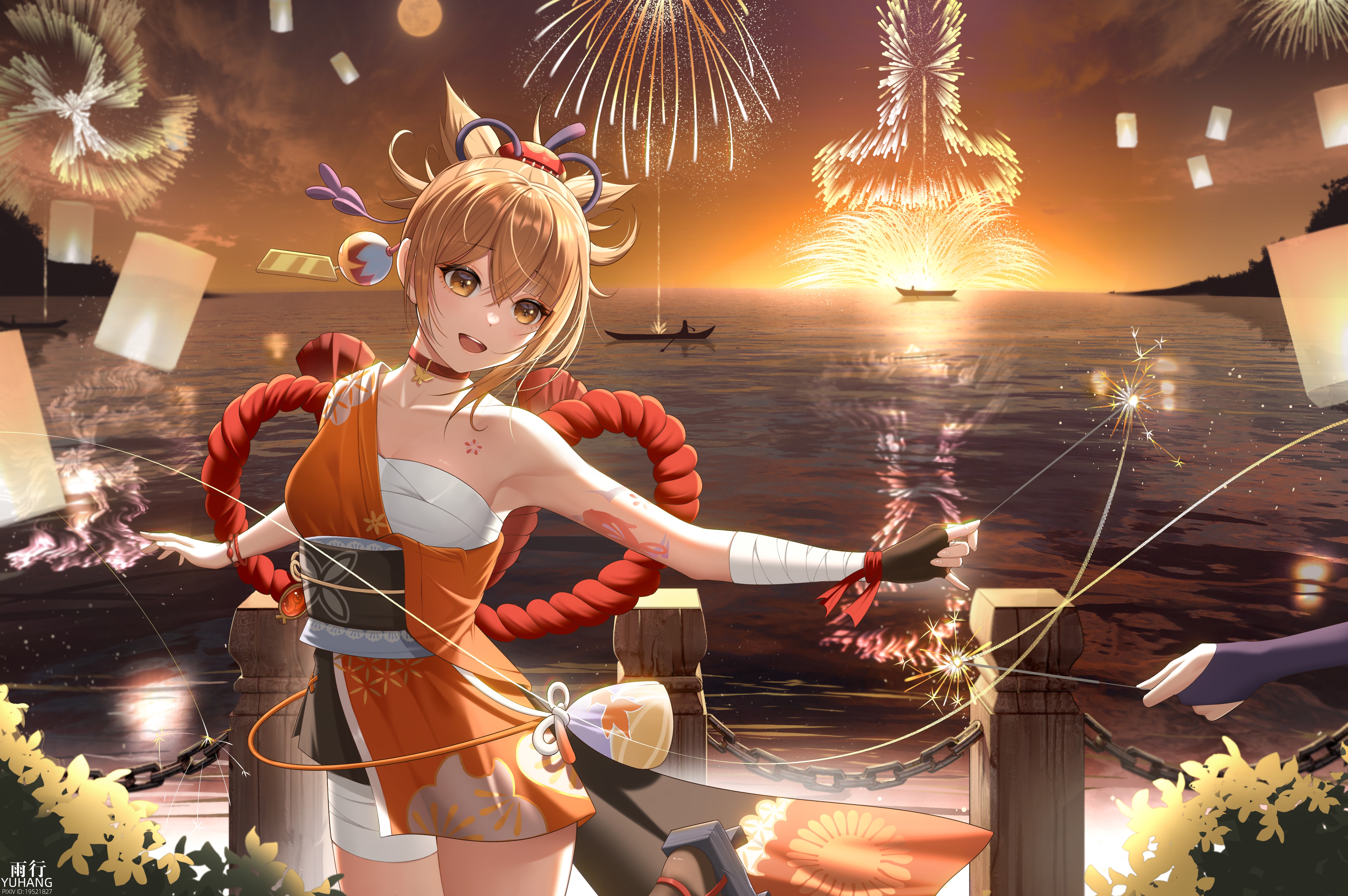 Yoimiya from Genshin Impact with fireworks HD Wallpaper