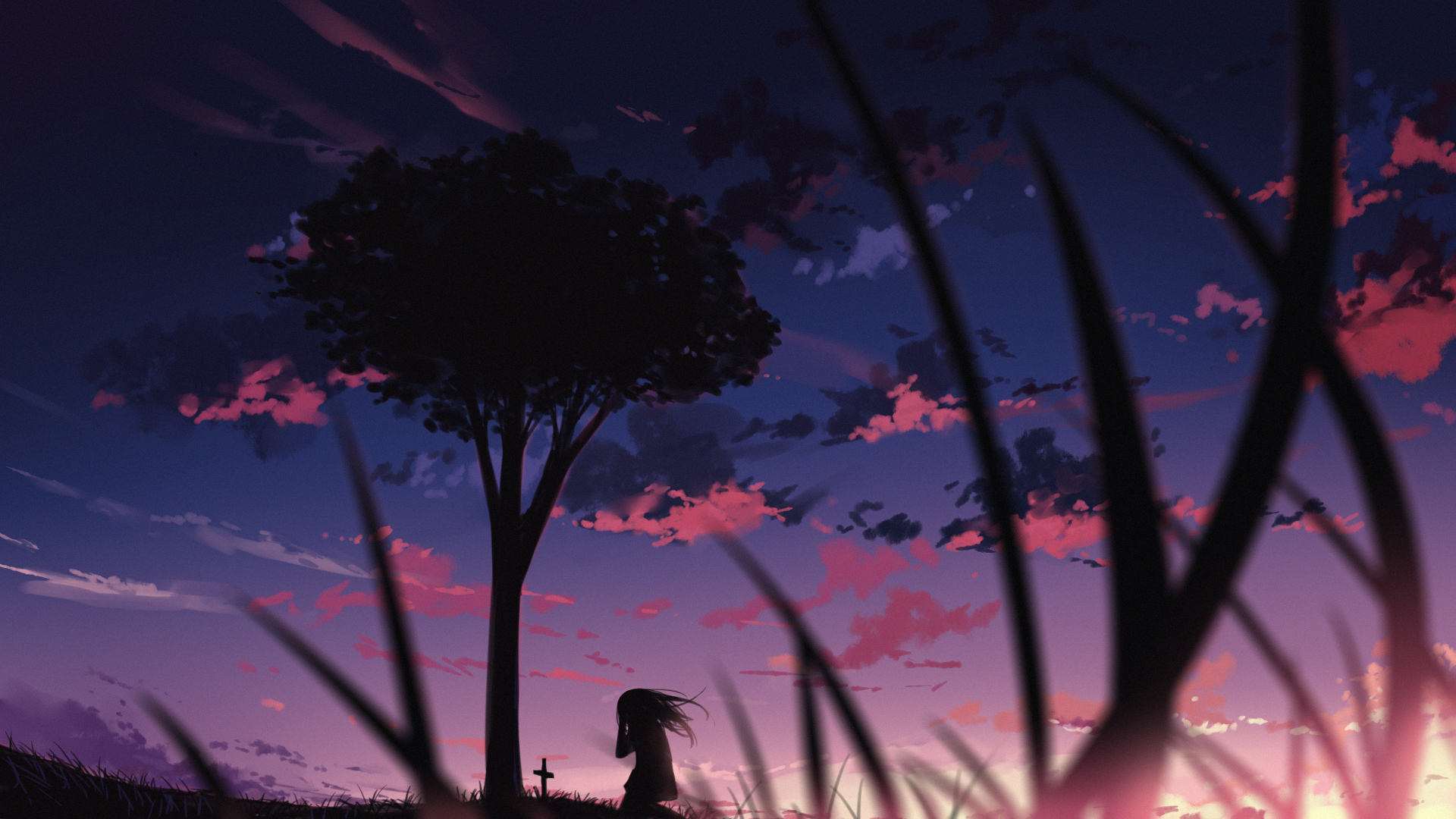 Girl and tree at sunset HD Wallpaper