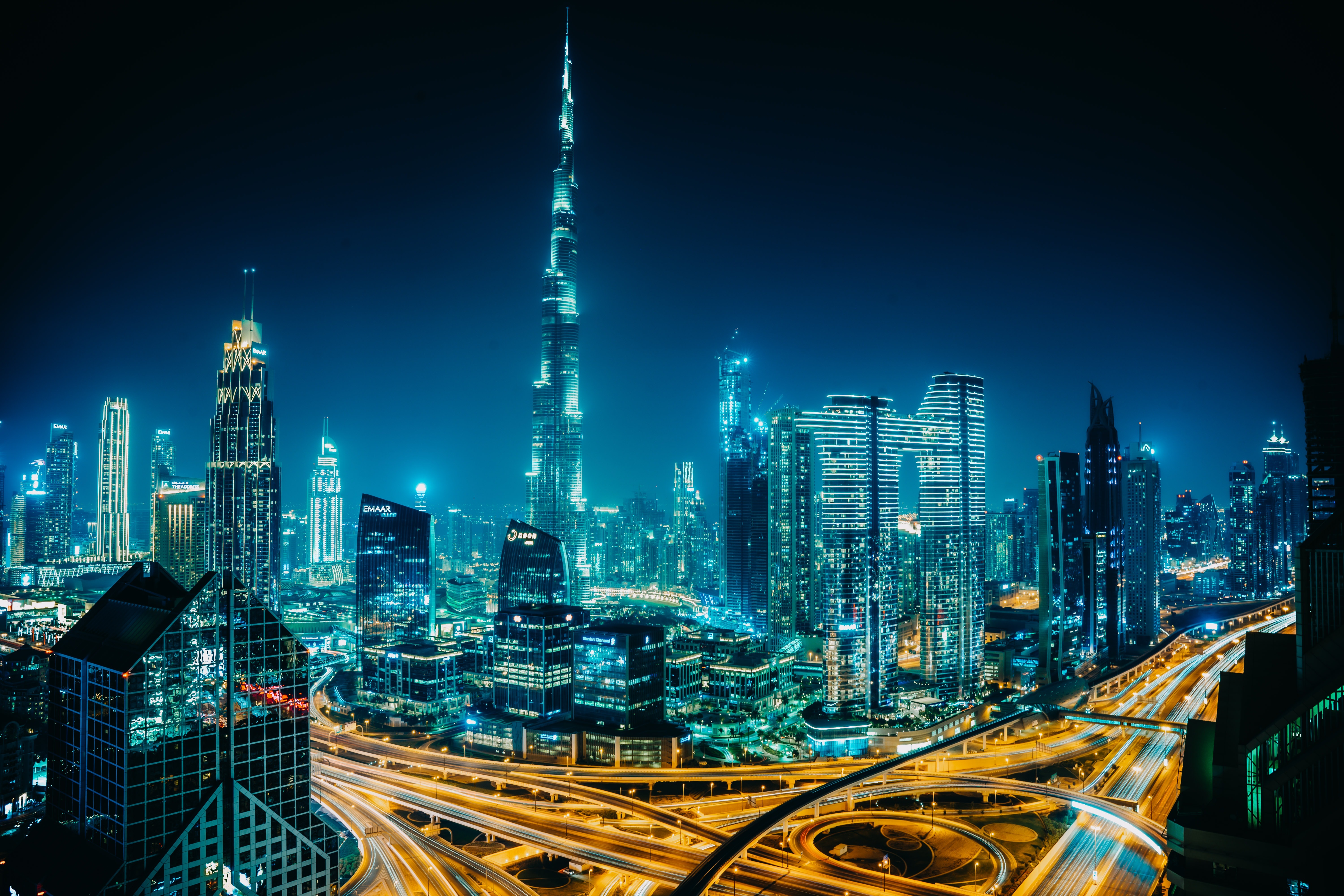 Dubai skyline with Burj Khalifa at night 4K HD Wallpaper