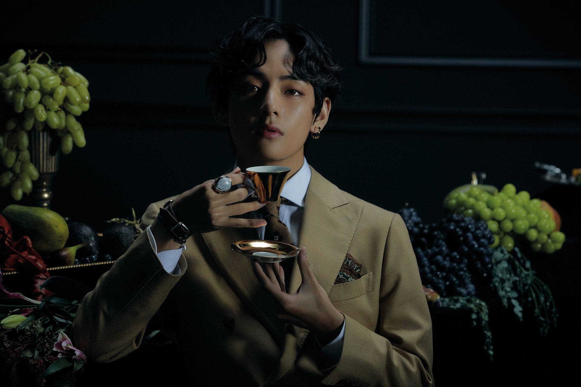 V from BTS holding a teacup HD Wallpaper