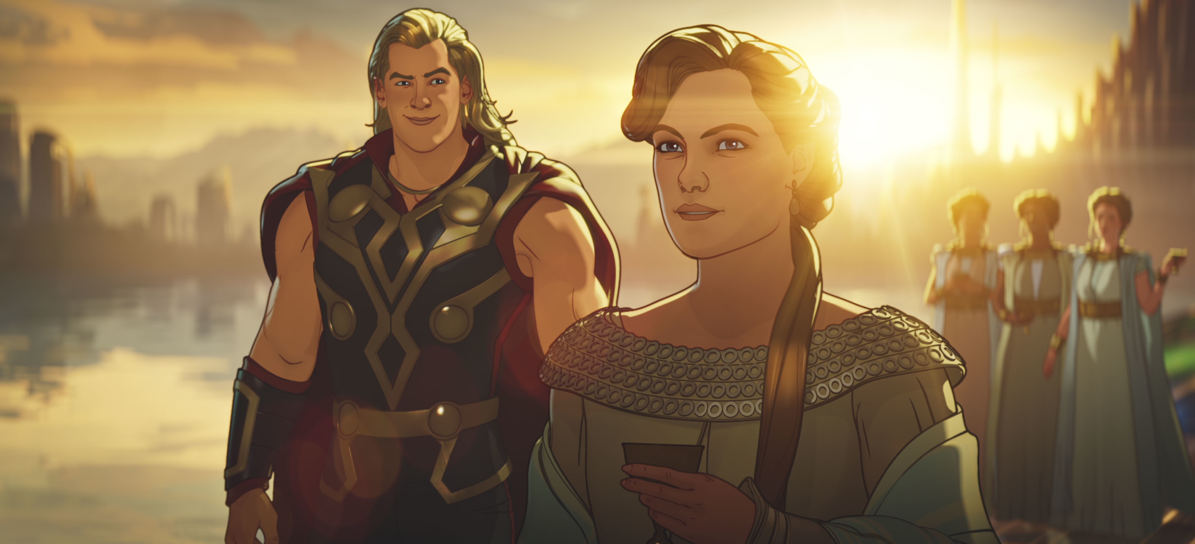 Thor from What If...? with Jane Foster and Asgardian women HD Wallpaper
