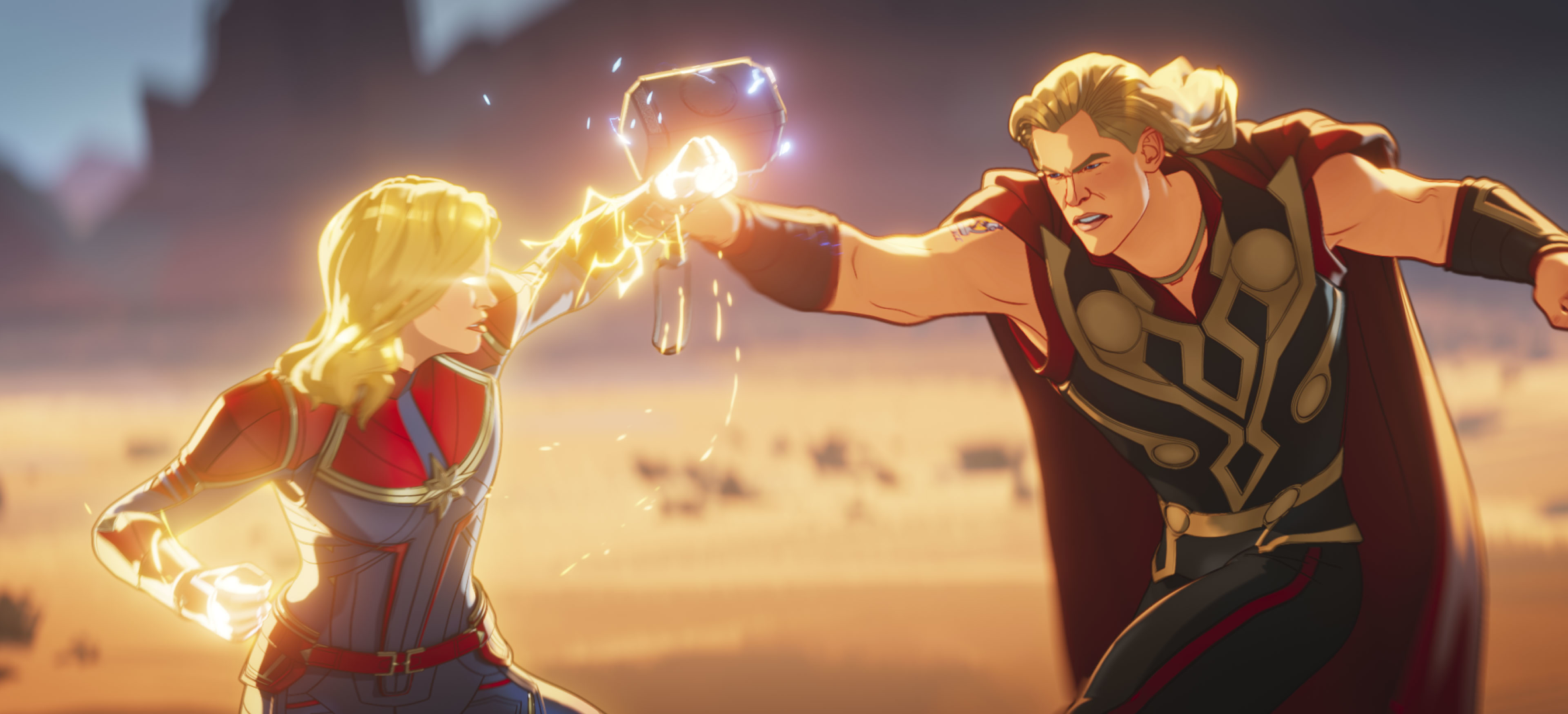 Thor and Captain Marvel fighting in What If...? HD Wallpaper