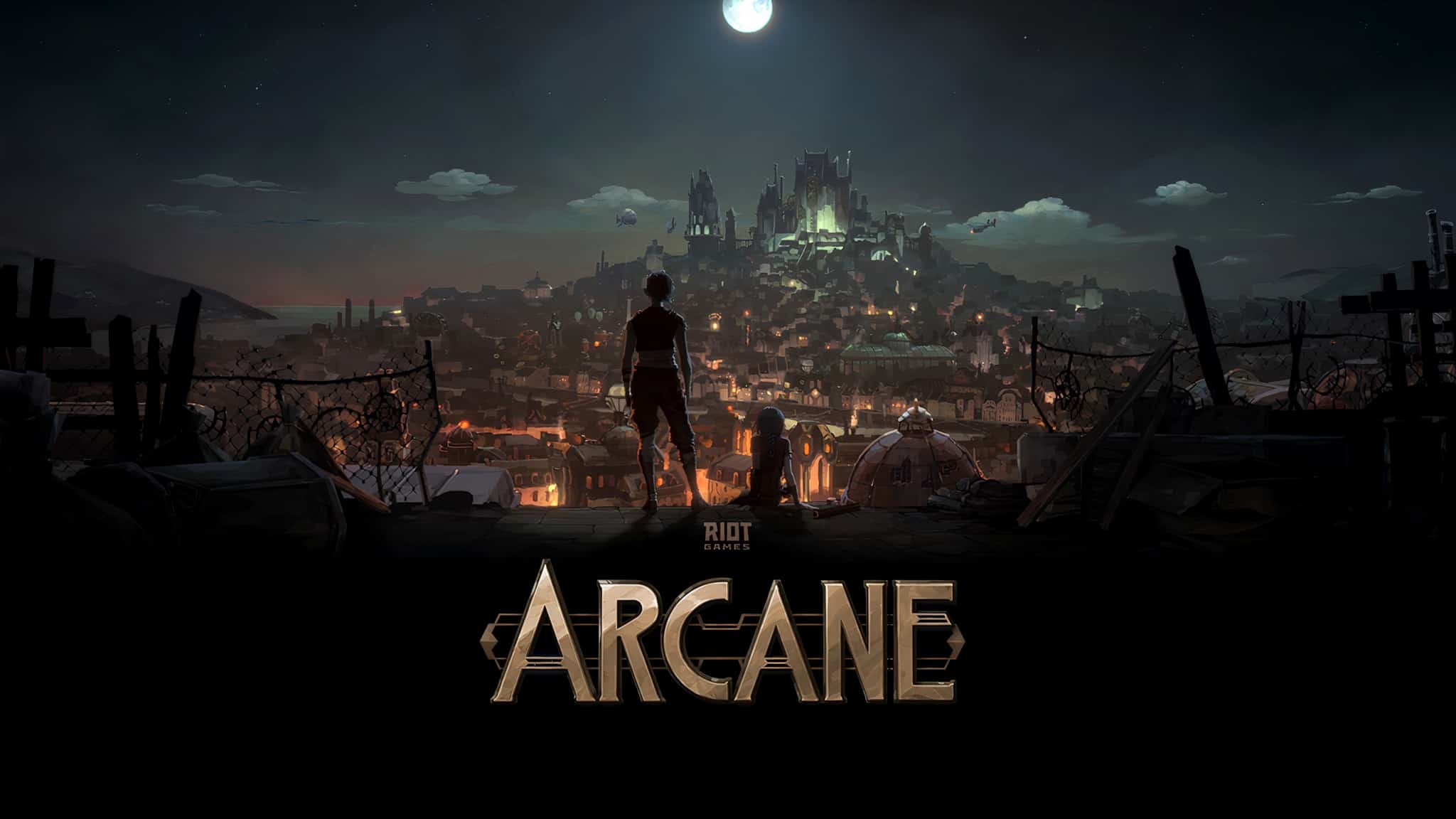 Arcane Riot Games title screen with city skyline HD Wallpaper
