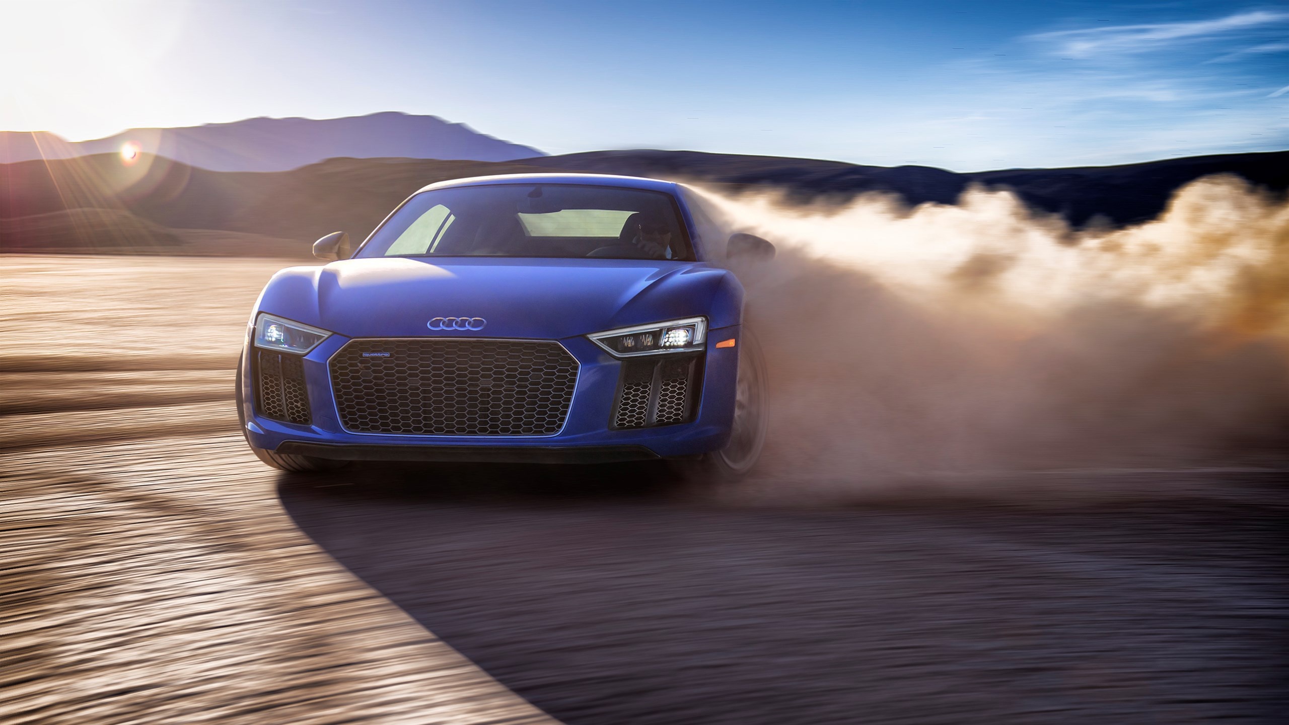 Blue Audi R8 V10 drifting in desert HD Wallpaper