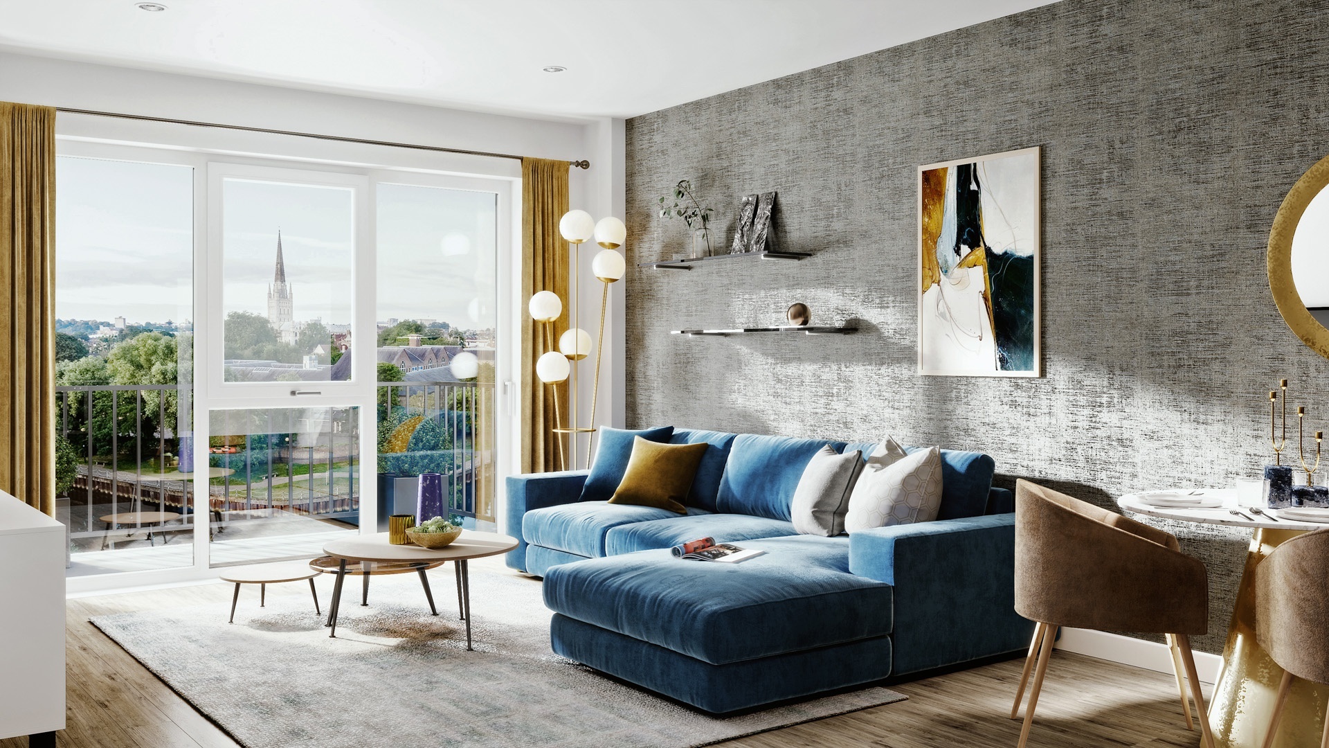 Living room with blue sofa and balcony view HD Wallpaper