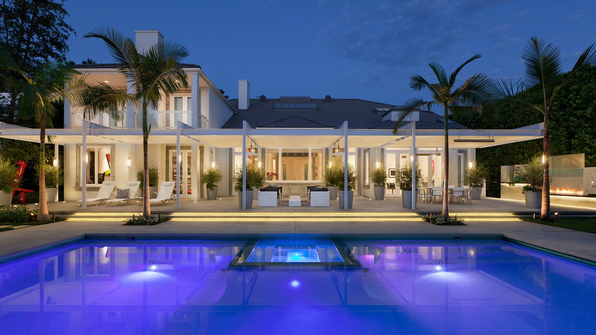 Modern Villa with Pool and Outdoor Lounge Area HD Wallpaper