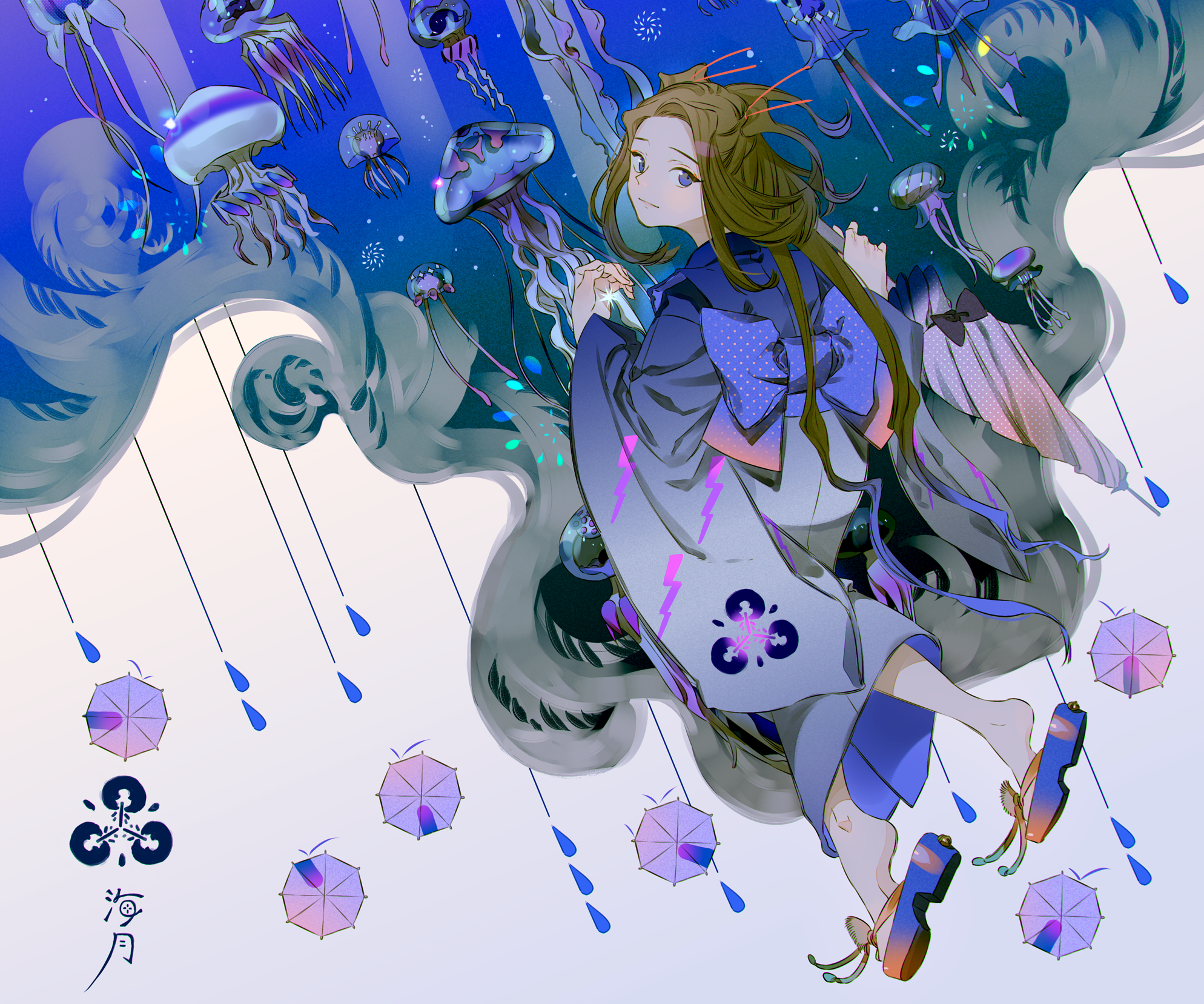 Girl in Kimono with Jellyfish and Umbrellas HD Wallpaper