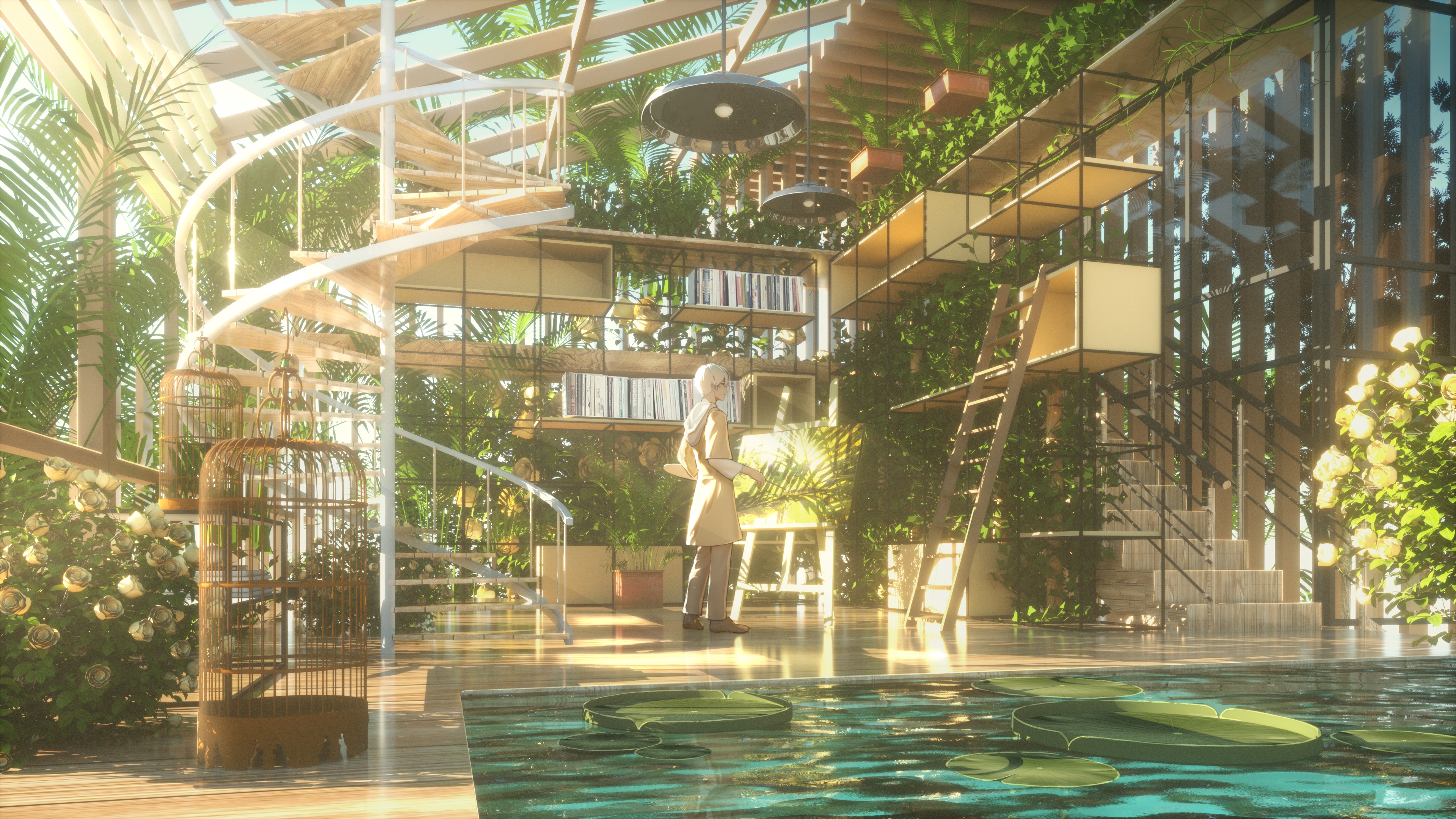 Boy in a greenhouse with a spiral staircase 4K HD Wallpaper