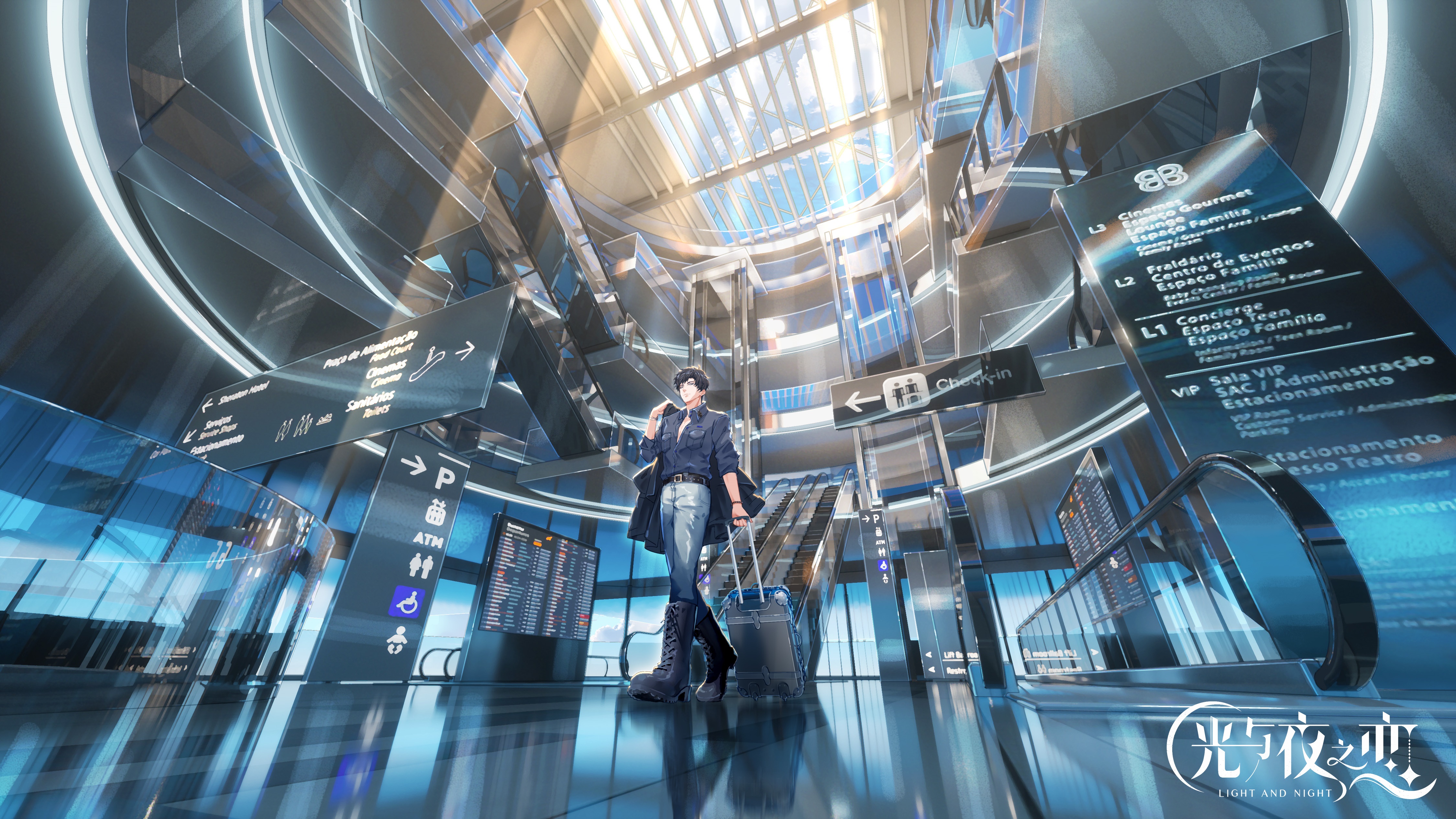 Boy with luggage in airport terminal HD Wallpaper