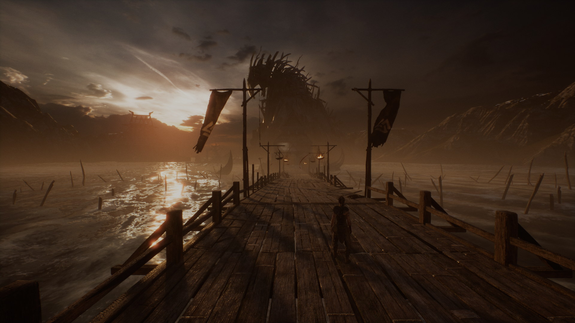 Senua from Hellblade: Senua's Sacrifice on a pier facing a dragon HD Wallpaper