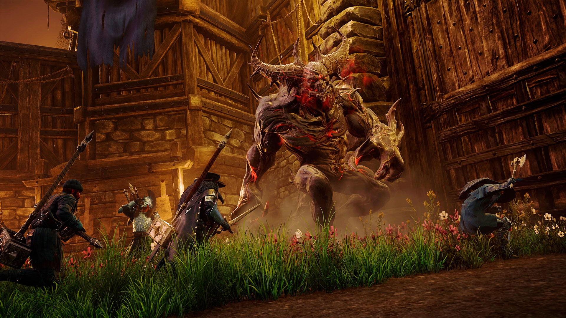 New World: Players fight a demon in a village HD Wallpaper