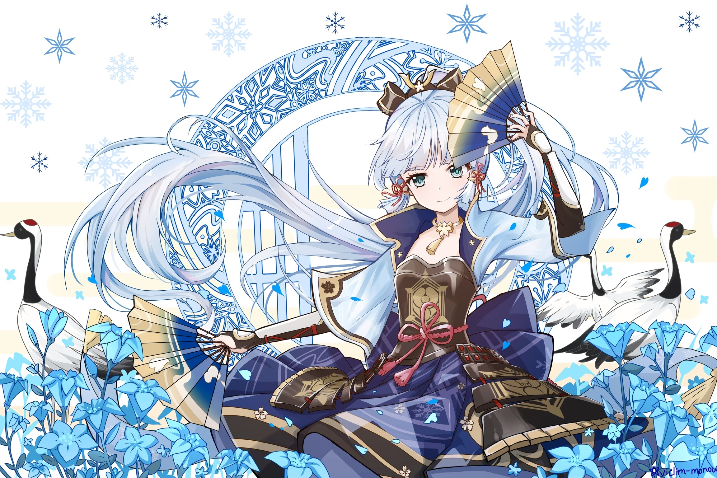 Kamisato Ayaka from Genshin Impact with cranes and flowers HD Wallpaper
