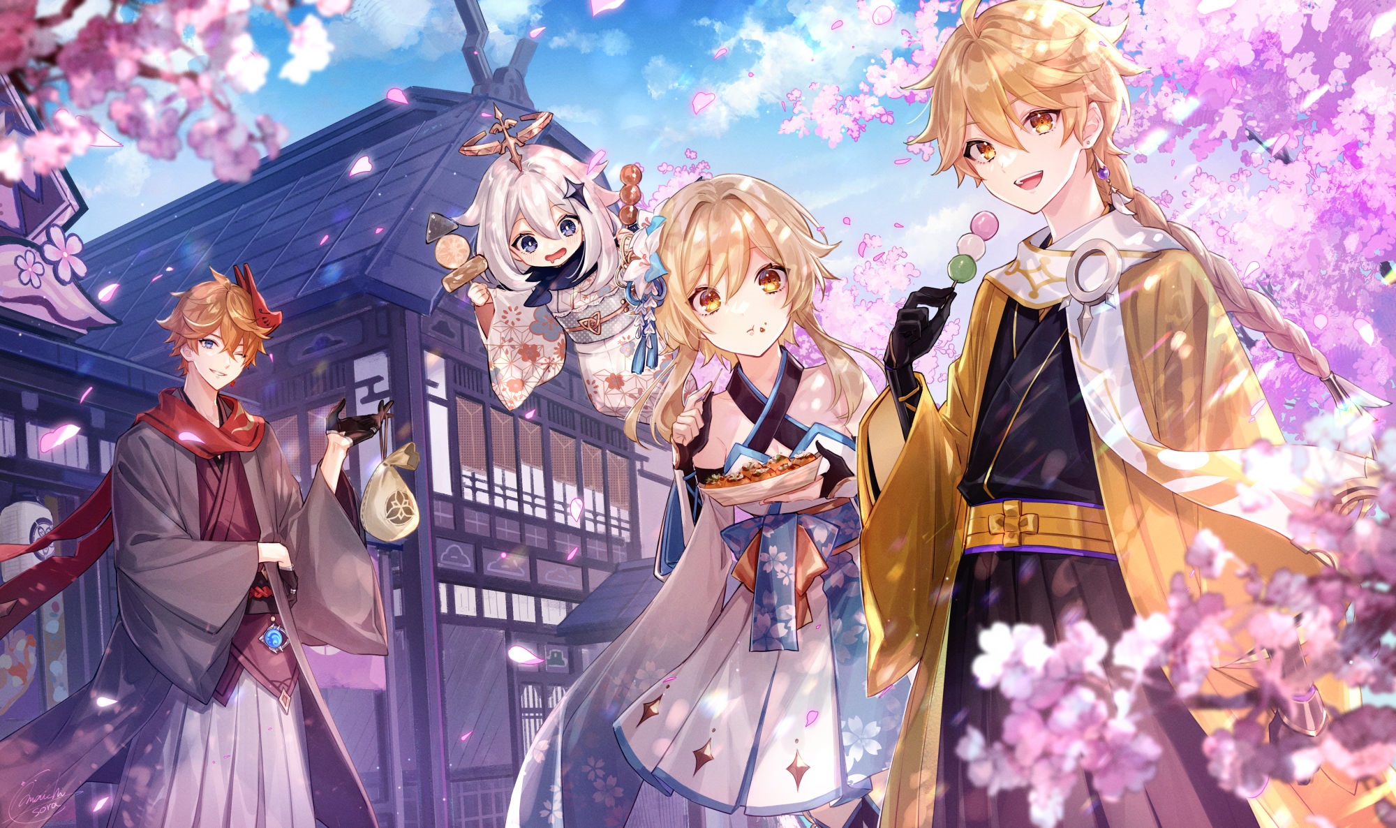 Aether, Tartaglia, Paimon, and Lumine from Genshin Impact HD Wallpaper