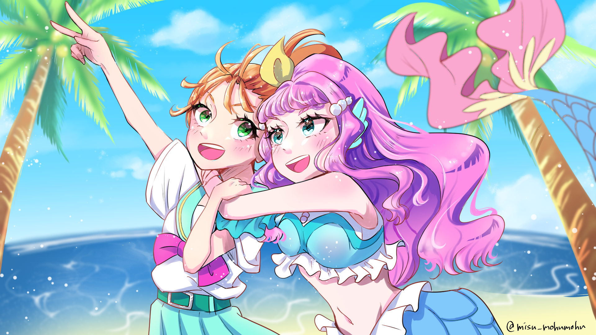Manatsu Natsumi and Laura from Tropical-Rouge! Pretty Cure on a beach HD Wallpaper