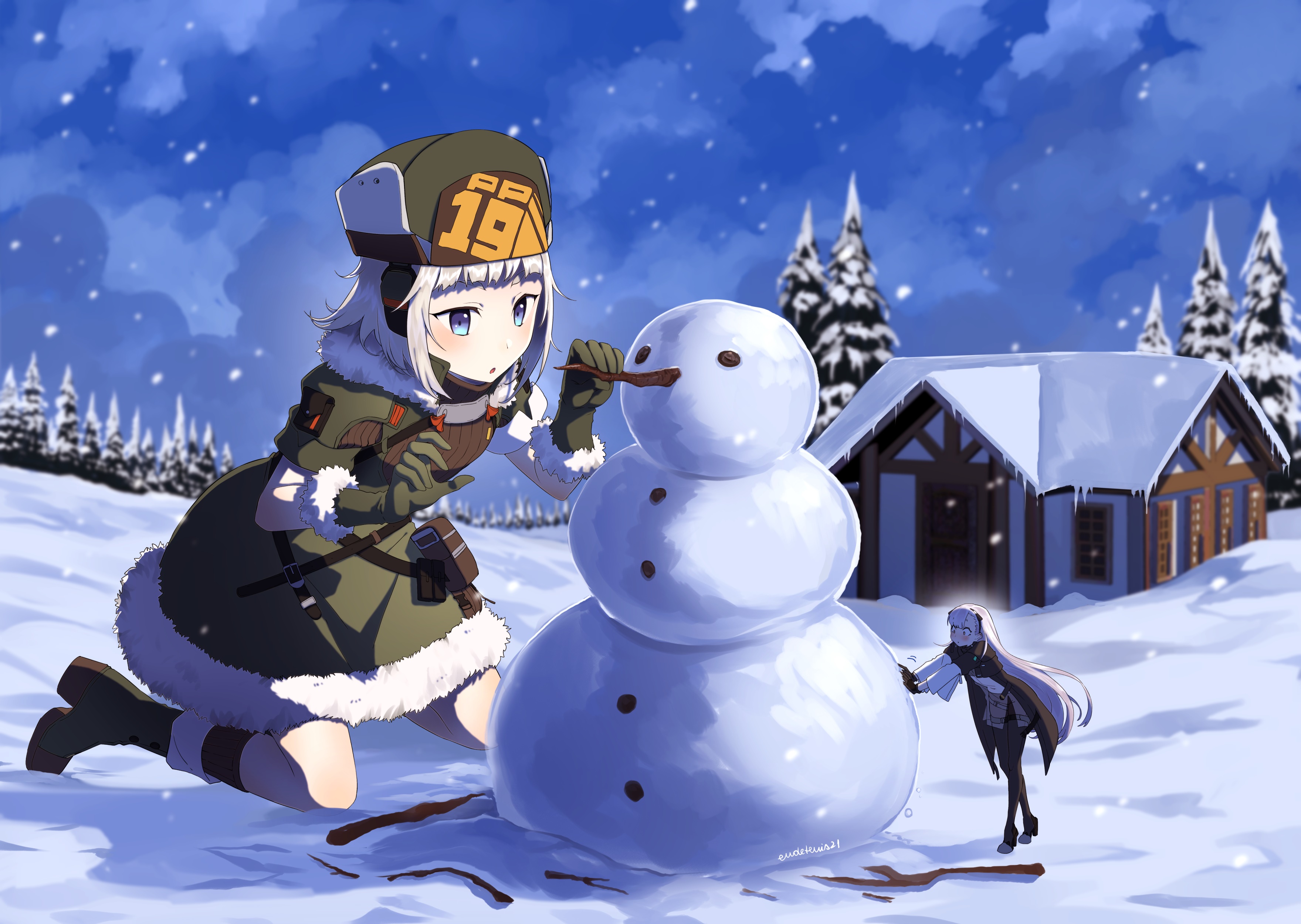 PP-19 and AK-Alfa from Girls Frontline building a snowman HD Wallpaper