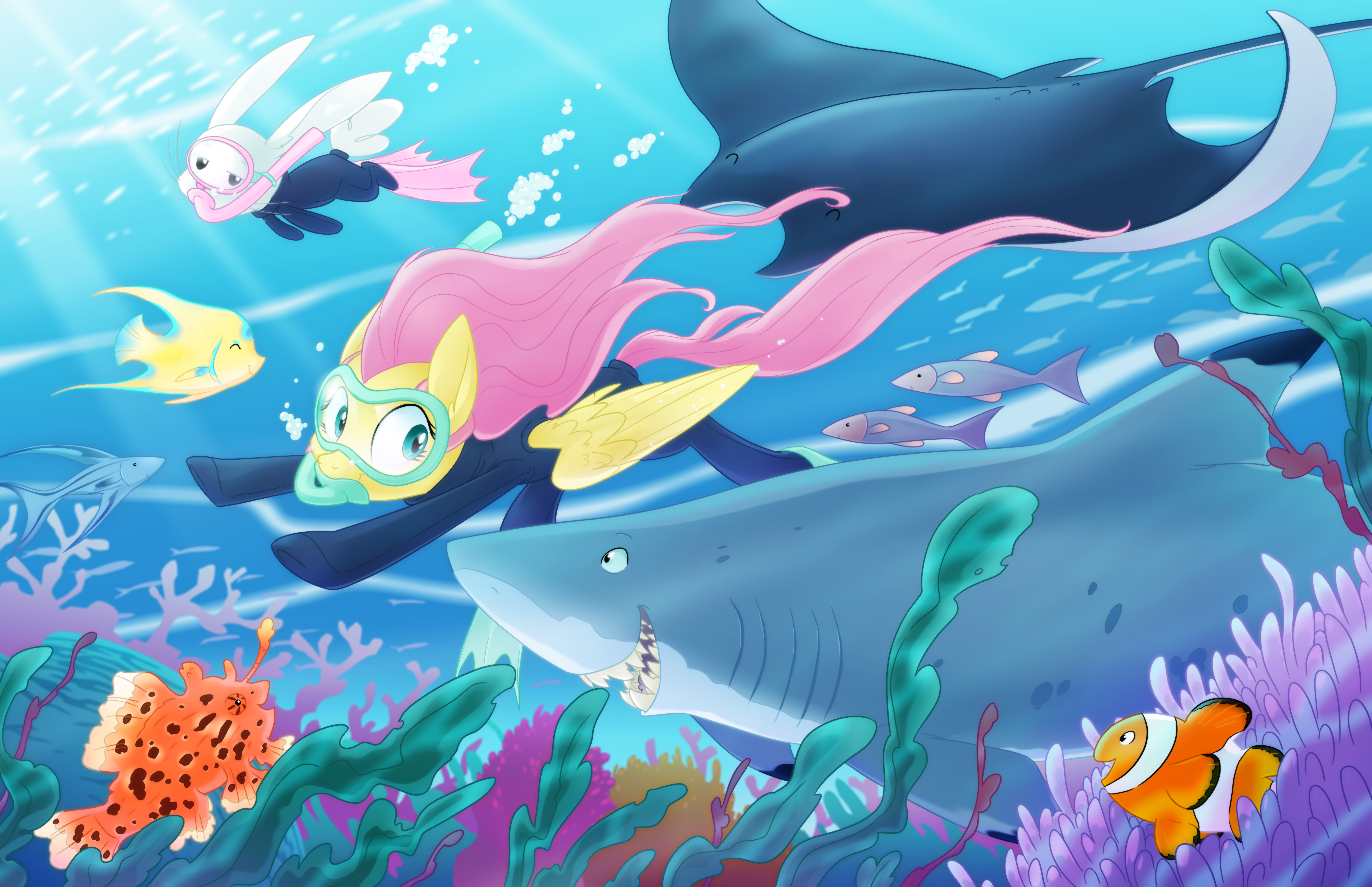 Fluttershy and Angel Bunny from My Little Pony: Friendship Is Magic underwater with marine life HD Wallpaper