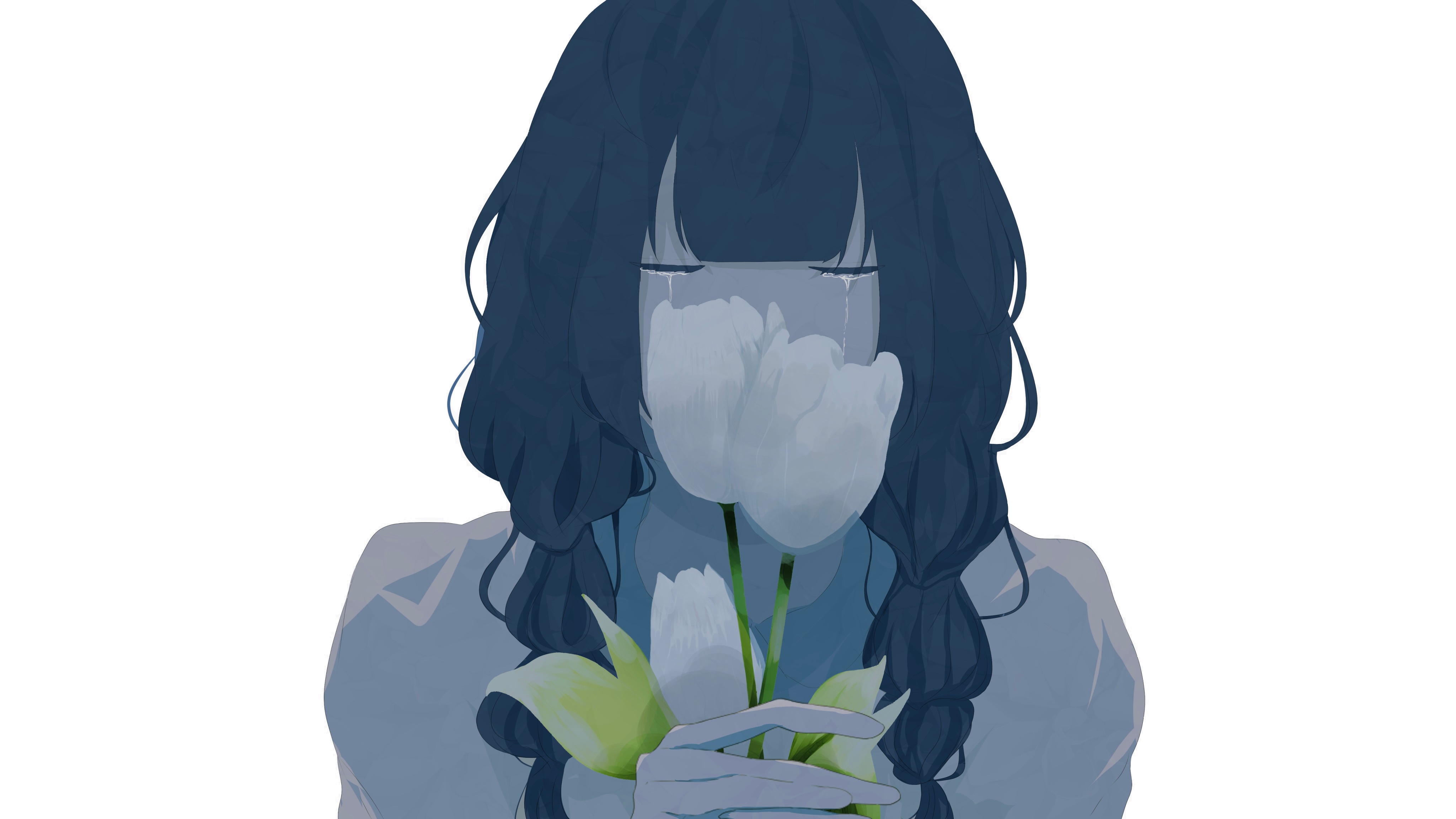 Girl crying holding white tulips HD Wallpaper