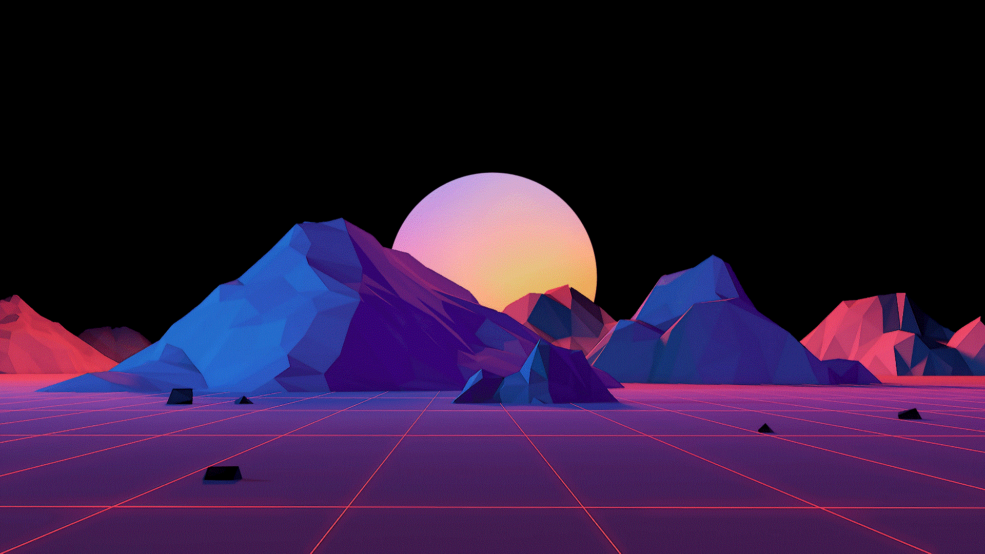 Retro mountain sunset with grid landscape HD Wallpaper