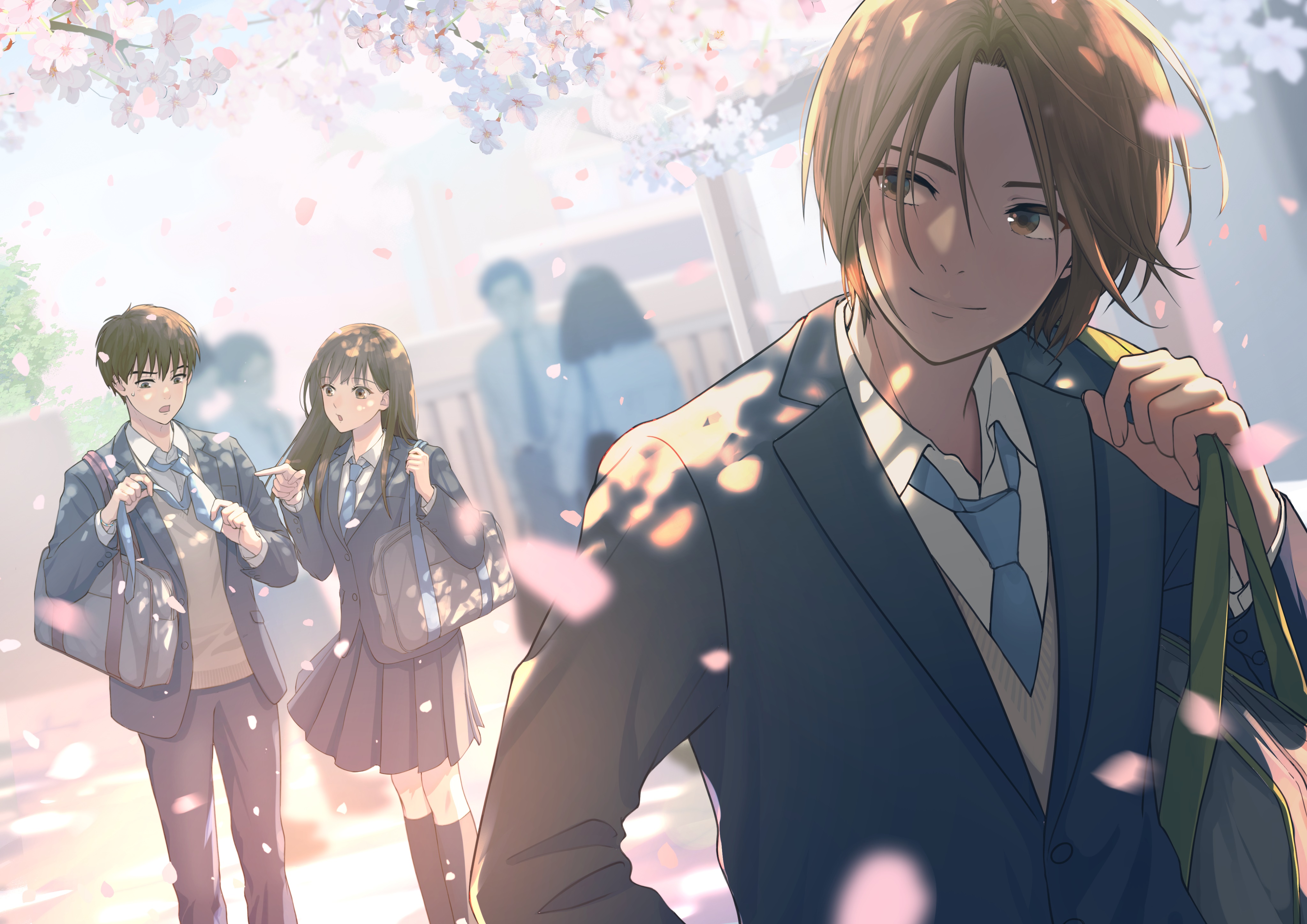 Boy in school uniform with cherry blossoms HD Wallpaper