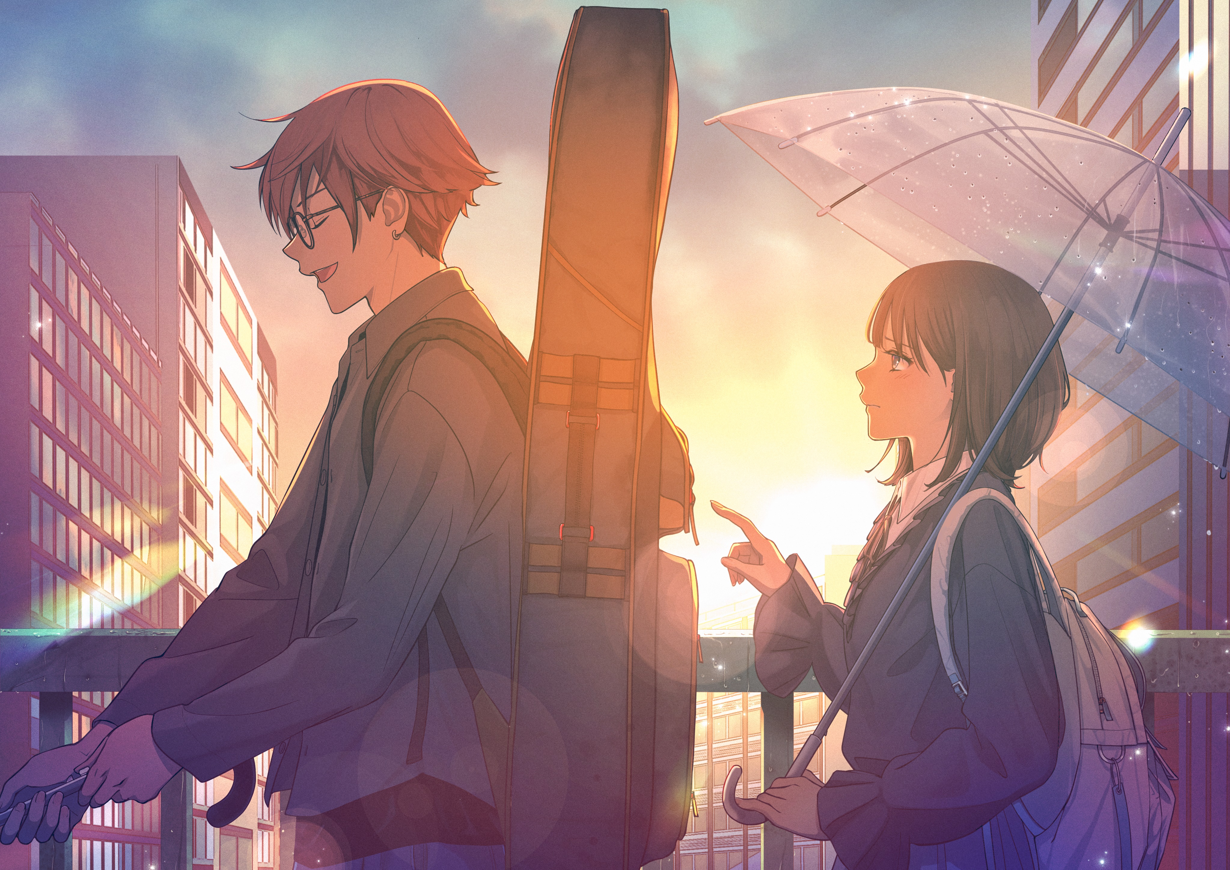 Anime couple with guitar case and umbrella in city HD Wallpaper