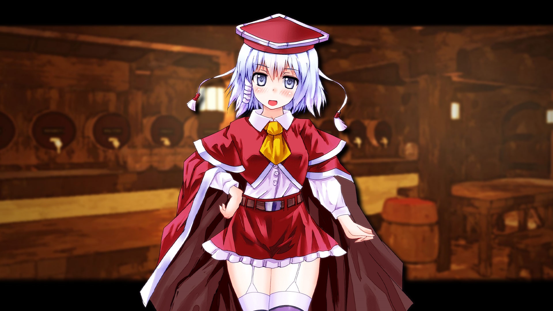 Anime girl in red outfit in a tavern HD Wallpaper