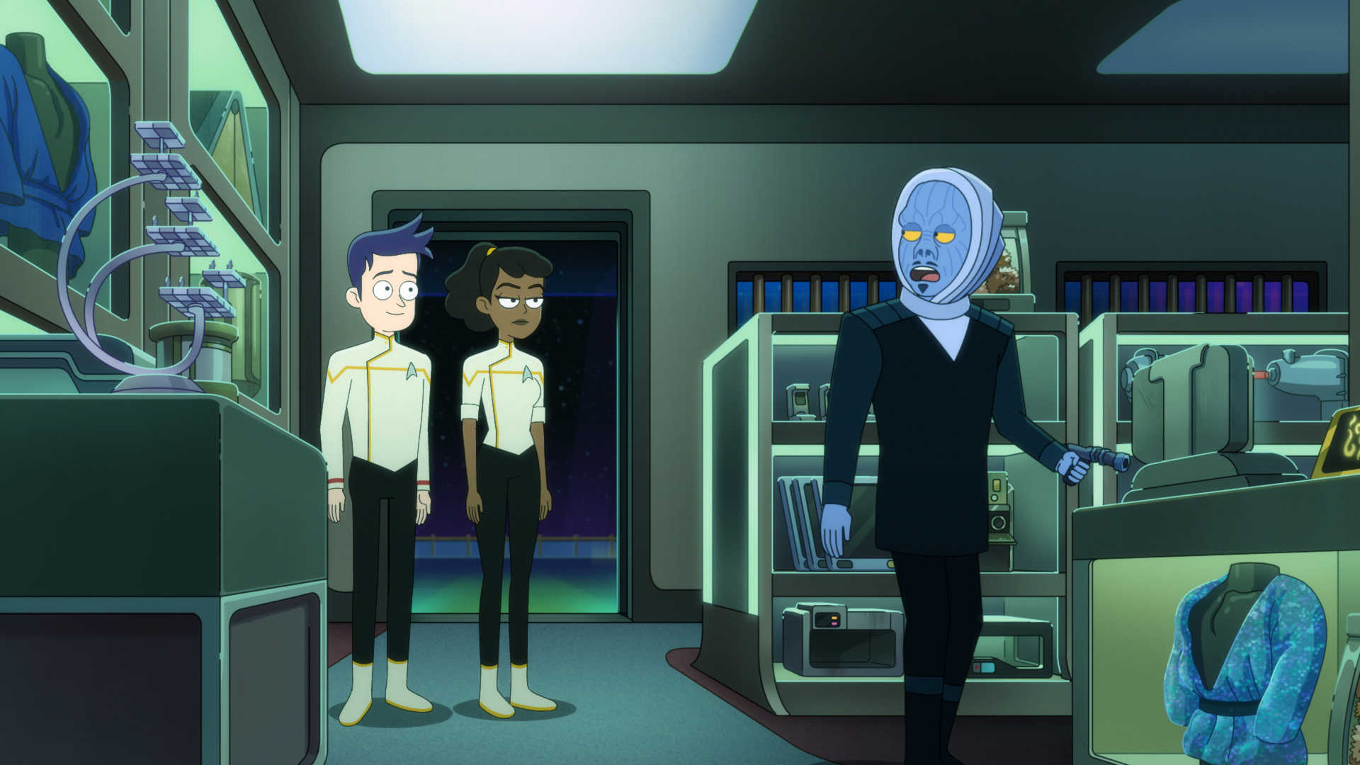 Star Trek: Lower Decks characters in a store HD Wallpaper