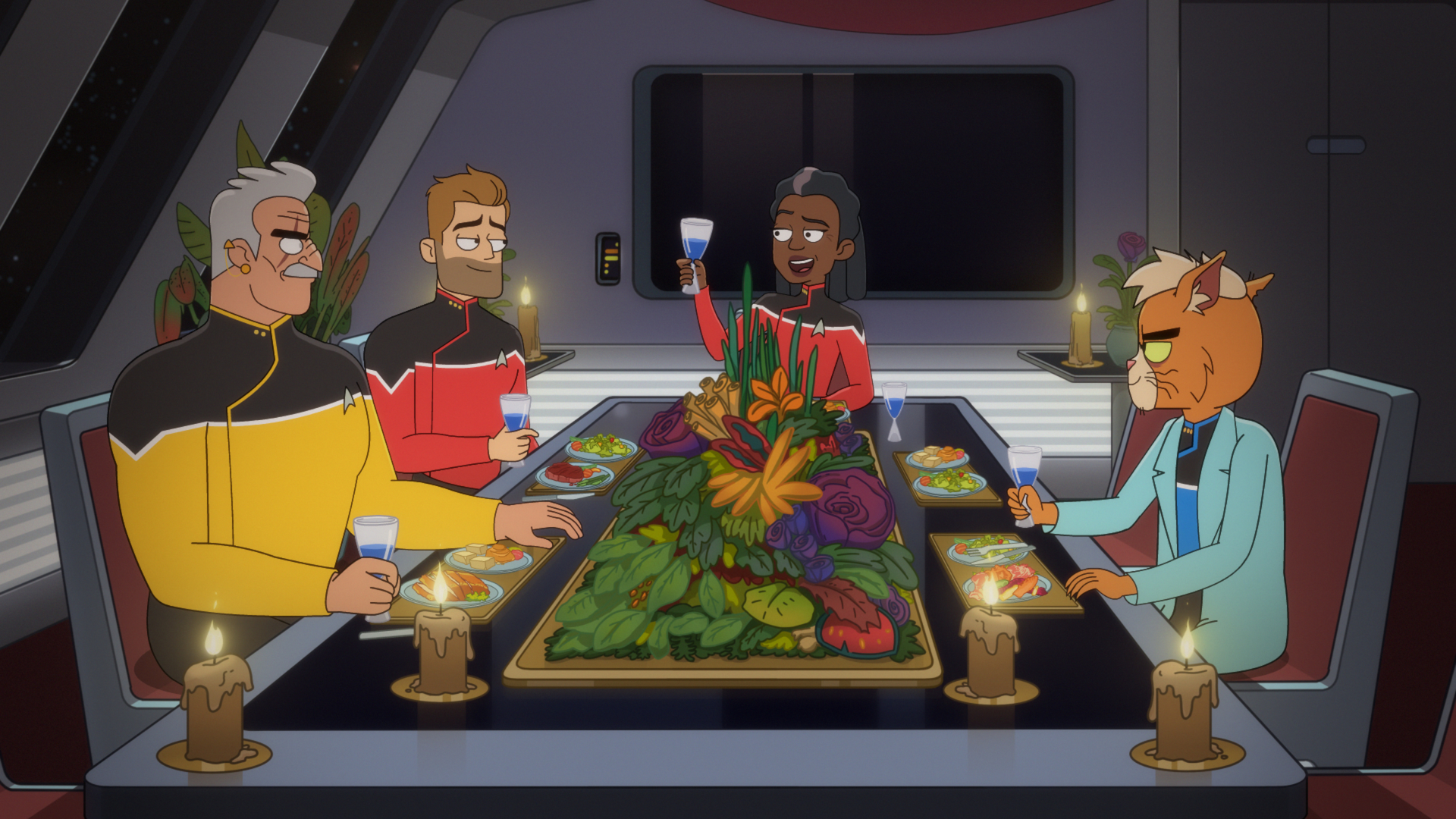 Star Trek: Lower Decks characters at a dinner table HD Wallpaper