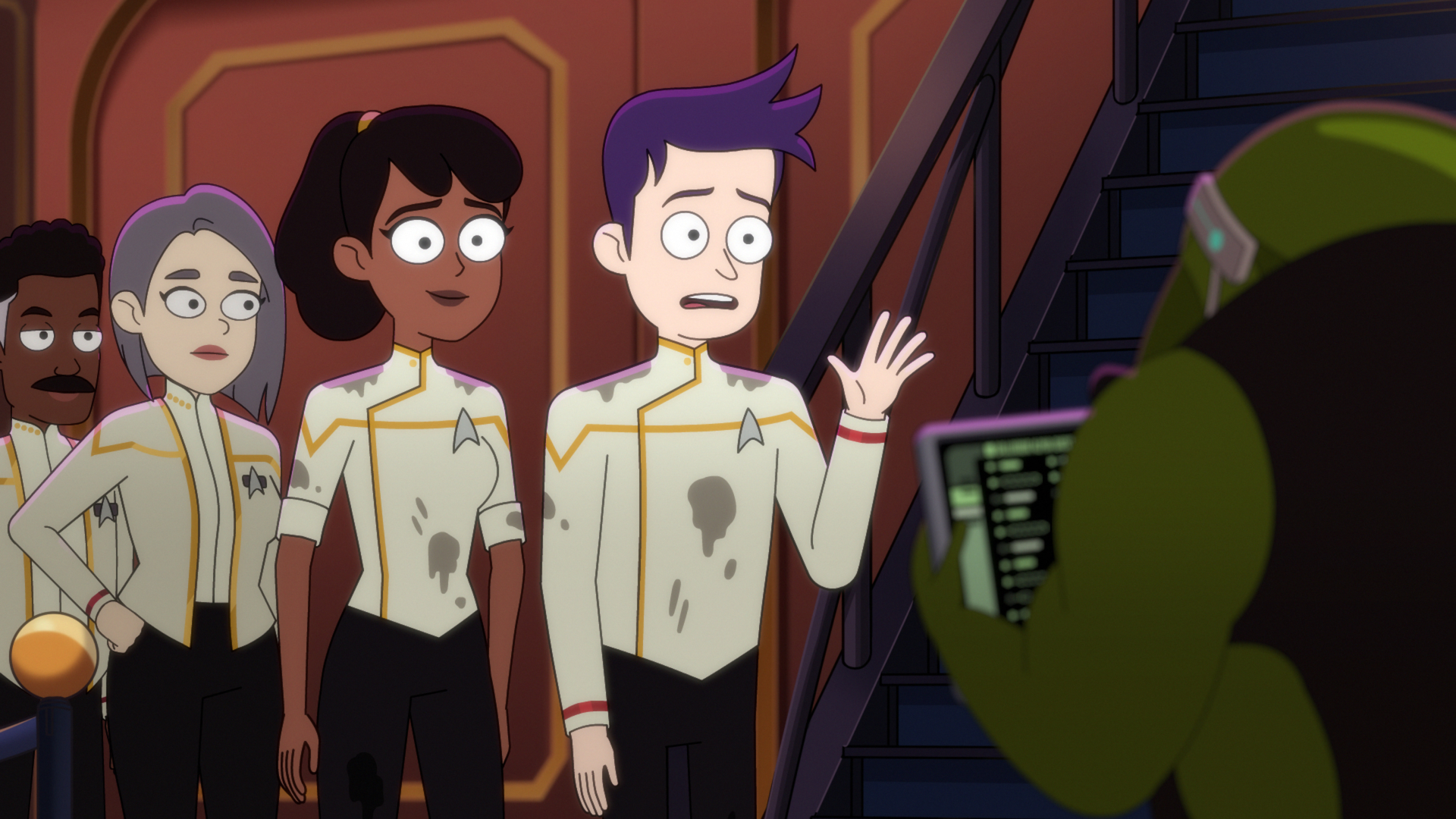 Star Trek: Lower Decks characters on stairs HD Wallpaper