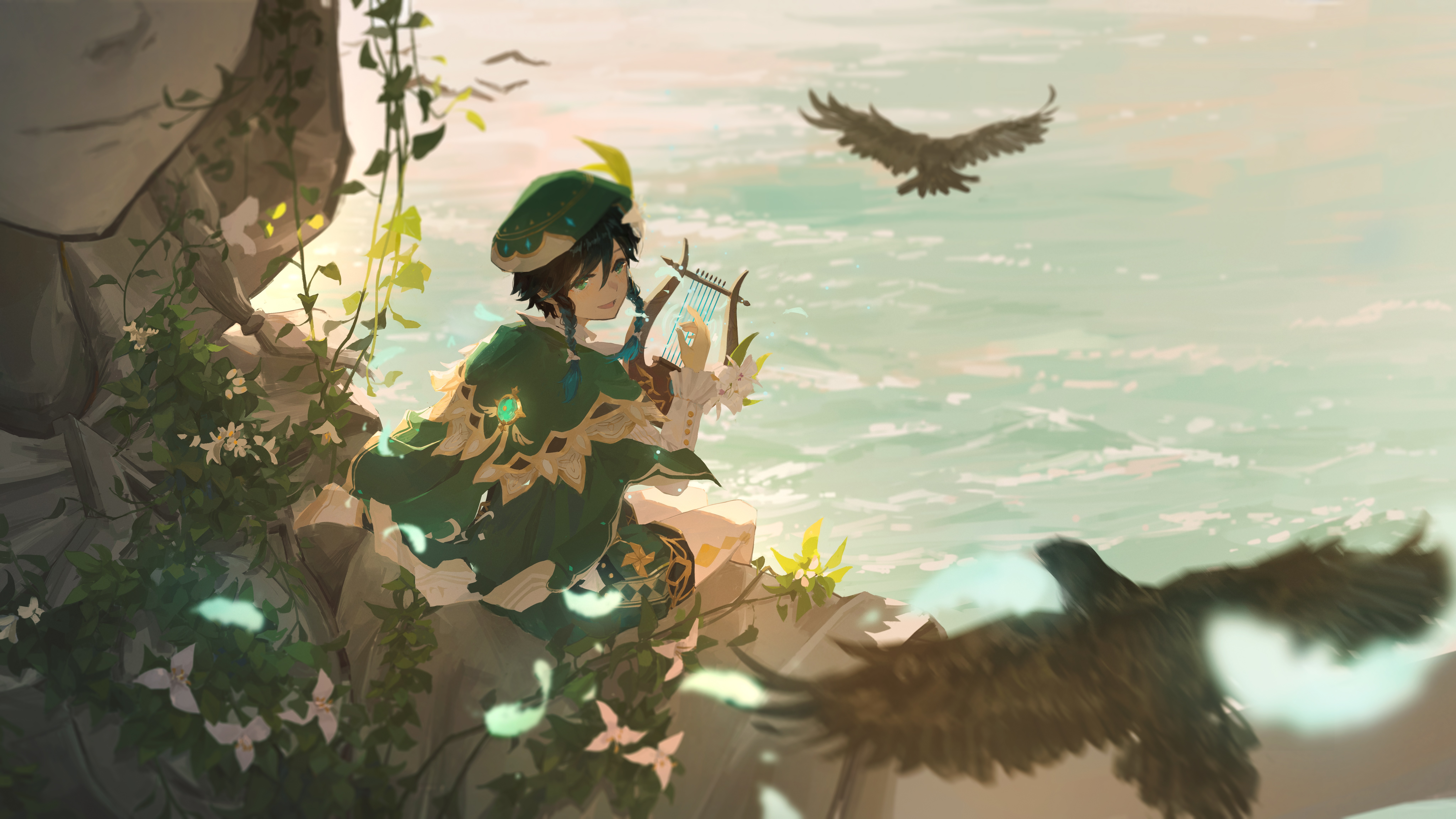 Venti from Genshin Impact playing a lyre HD Wallpaper
