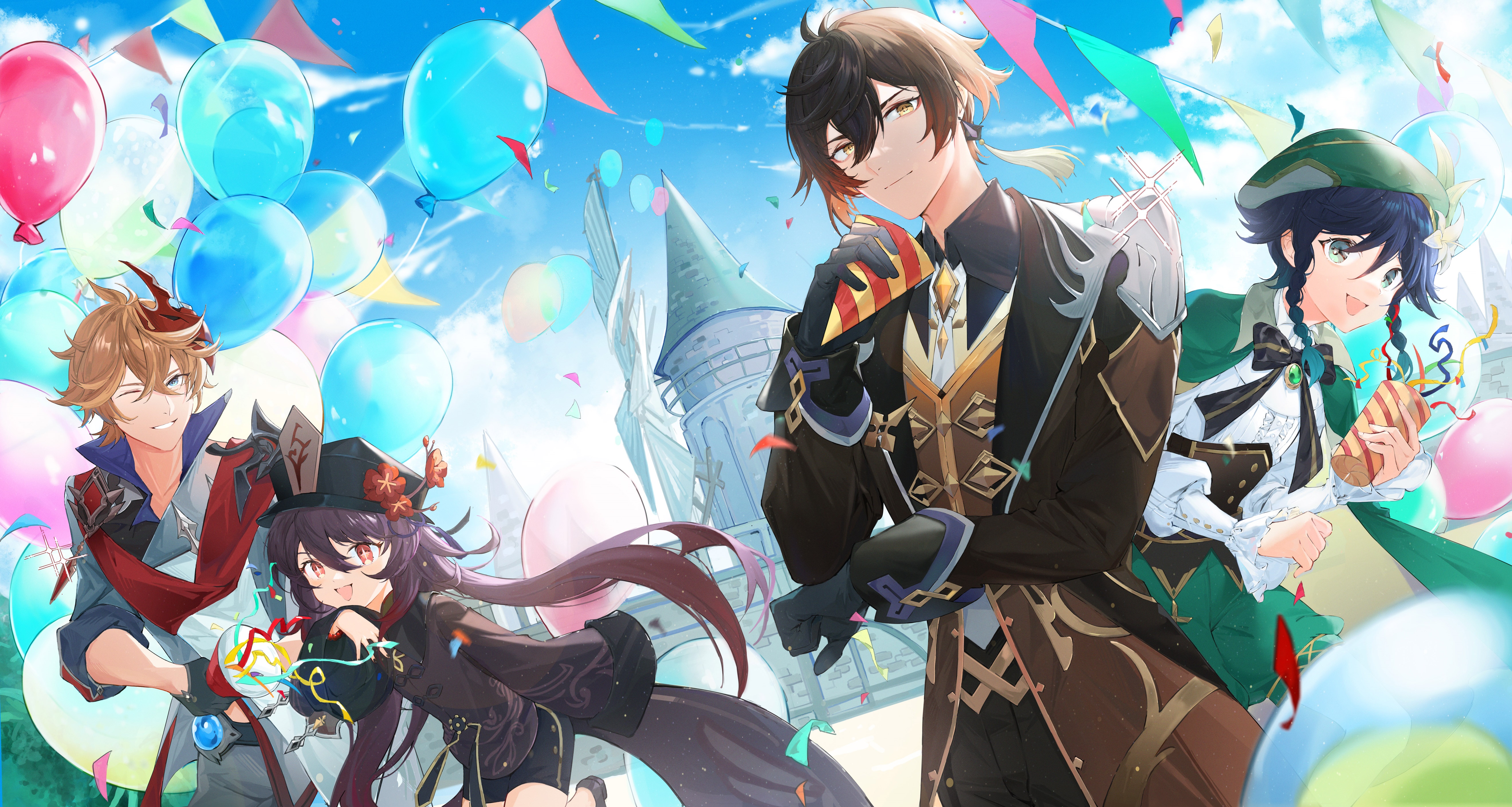 Genshin Impact: Zhongli, Hu Tao, Venti, and Tartaglia HD Wallpaper