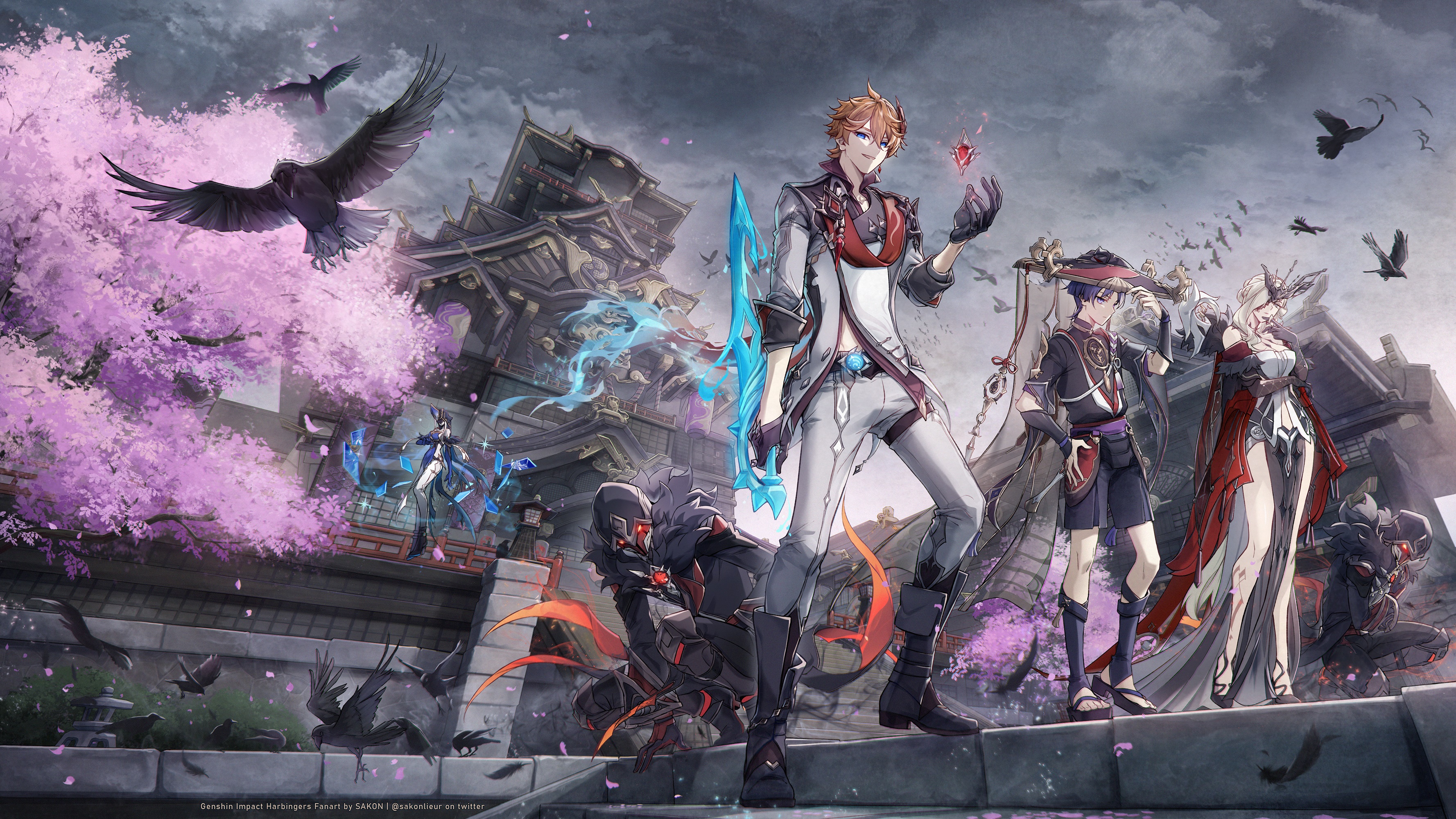 Genshin Impact Harbingers in front of a Japanese castle HD Wallpaper