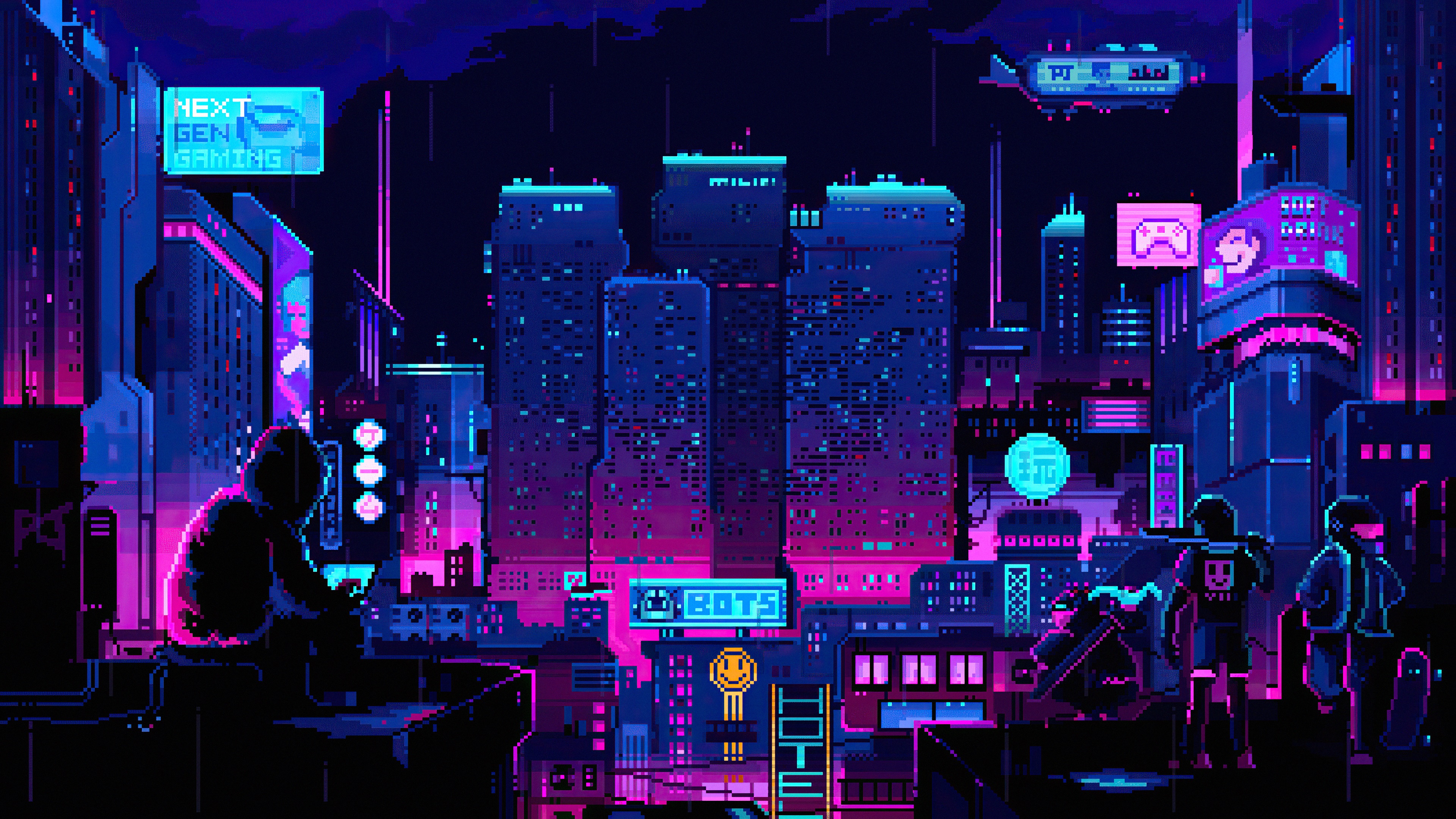 Pixel art cyberpunk city with gamers HD Wallpaper