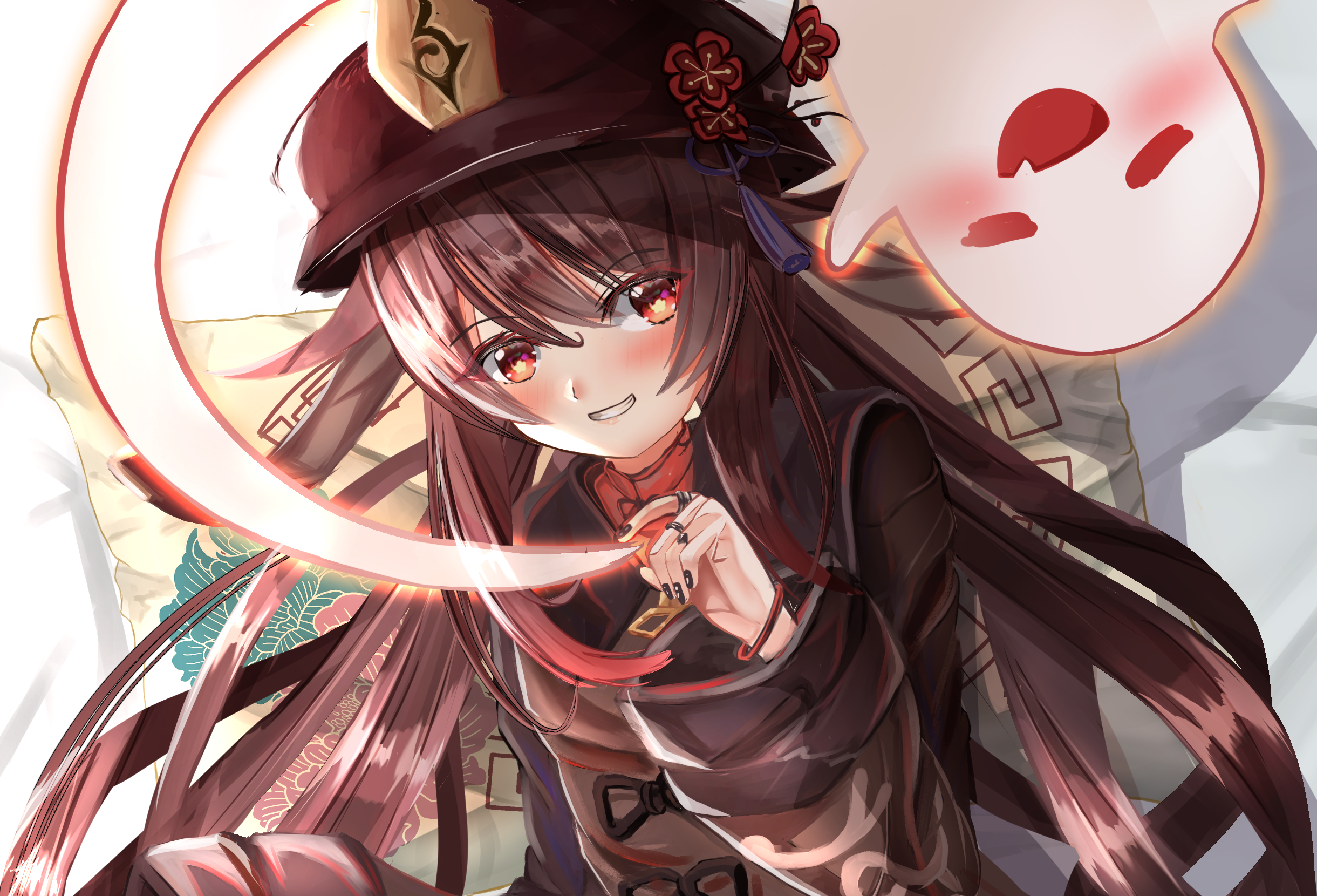 Hu Tao from Genshin Impact with a ghost HD Wallpaper