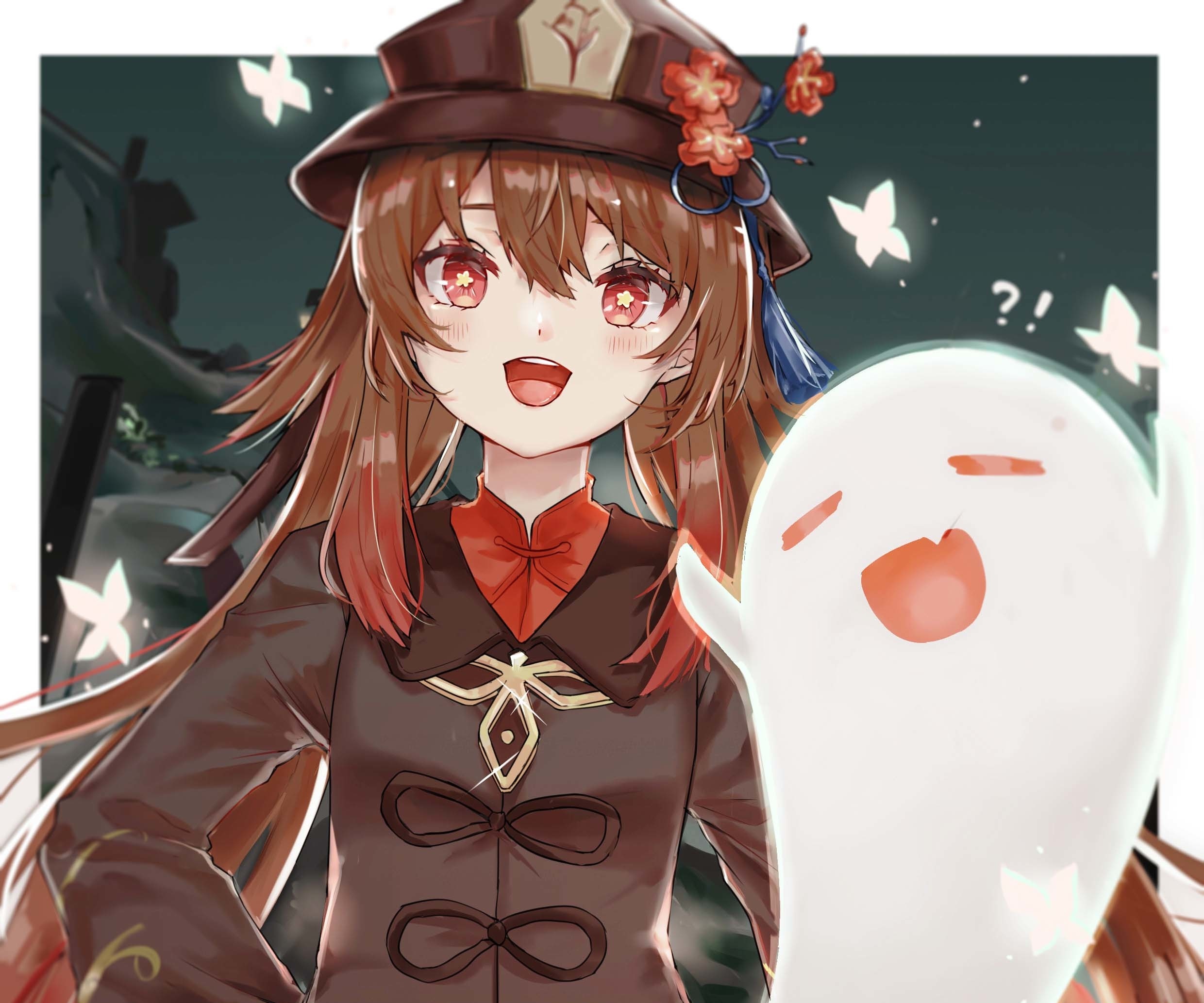 Hu Tao from Genshin Impact with a ghost HD Wallpaper