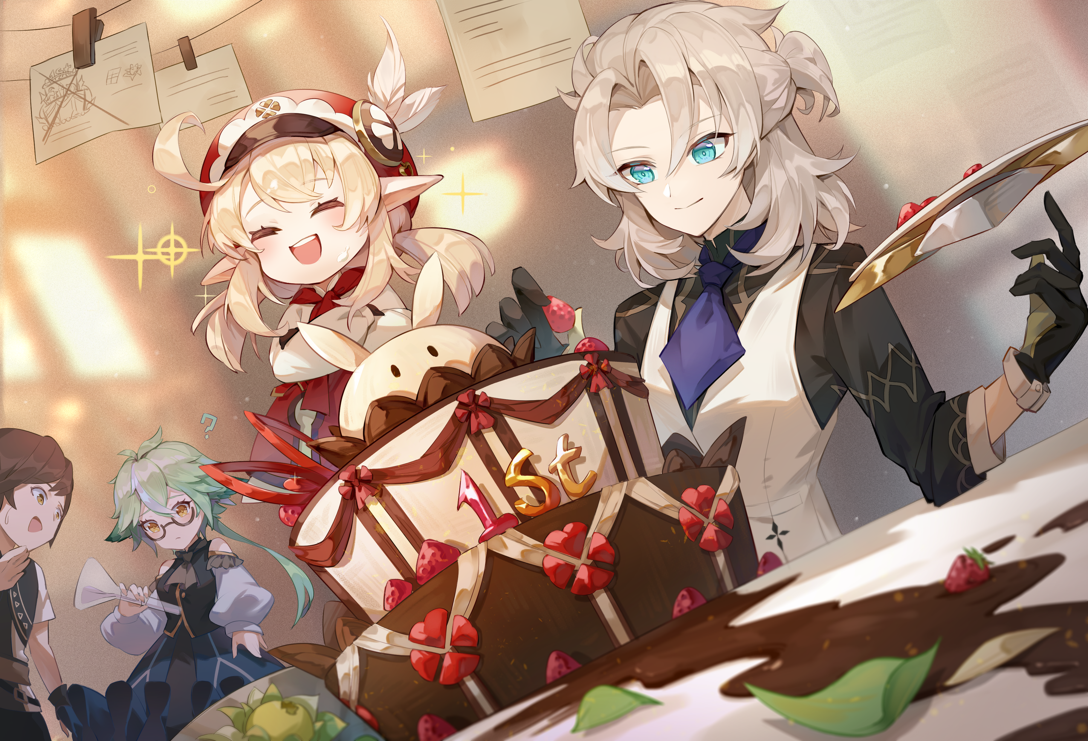 Klee, Sucrose, and Albedo from Genshin Impact with a cake HD Wallpaper